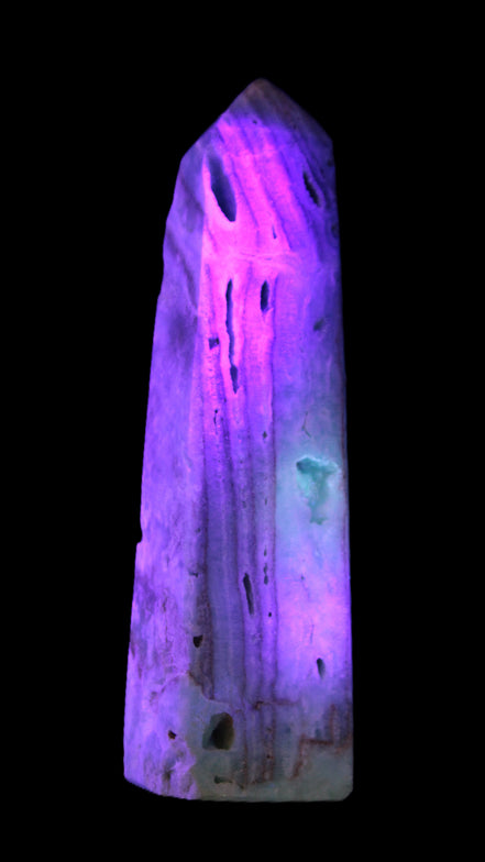 Caribbean Calcite aqua blue obelisk 170mm 539g in UV light - Rocks and Things Store