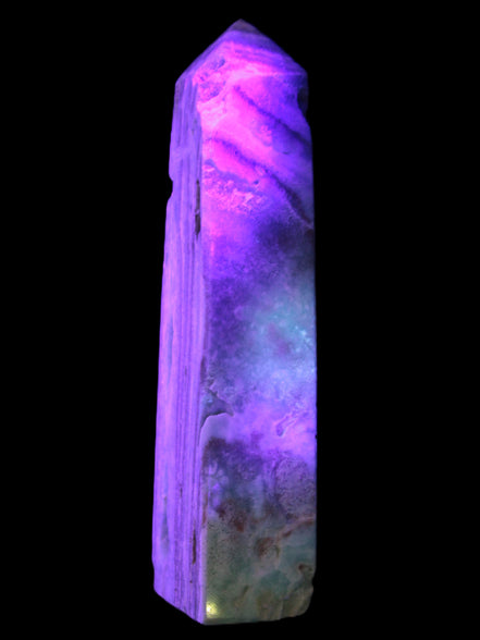 Caribbean Calcite aqua blue obelisk 170mm 539g in UV light - Rocks and Things Store