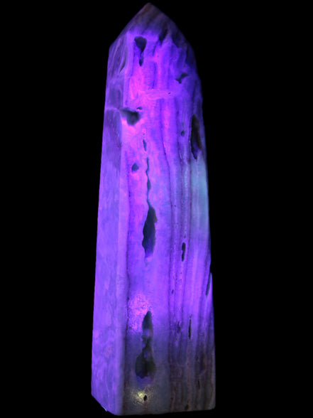 Caribbean Calcite aqua blue obelisk 170mm 539g in UV light - Rocks and Things Store