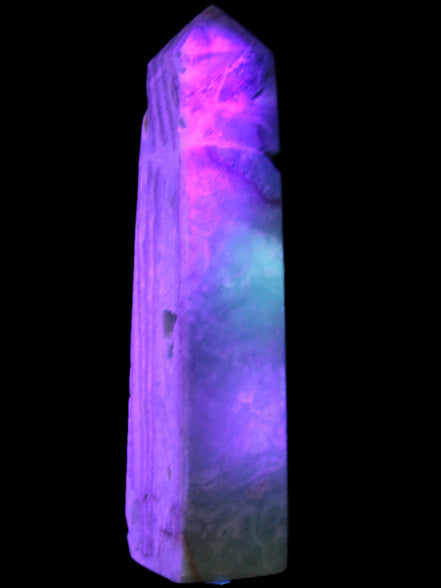 Caribbean Calcite aqua blue obelisk 170mm 539g in UV light - Rocks and Things Store