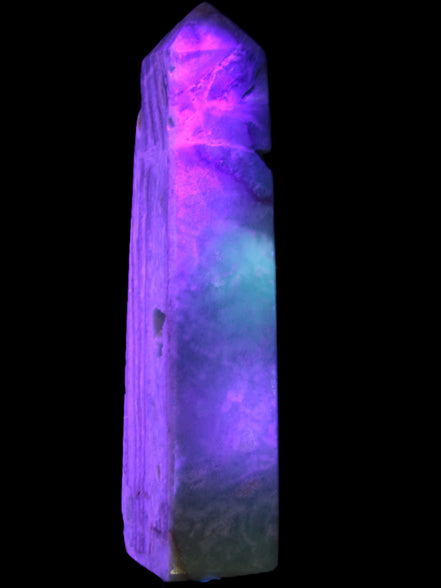 Caribbean Calcite aqua blue obelisk 170mm 539g in UV light - Rocks and Things Store