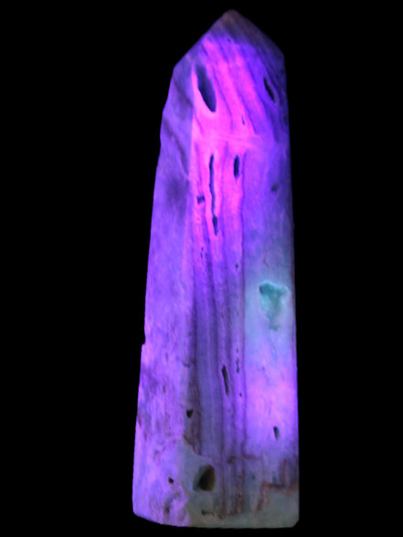 Caribbean Calcite aqua blue obelisk 170mm 539g in UV light - Rocks and Things Store