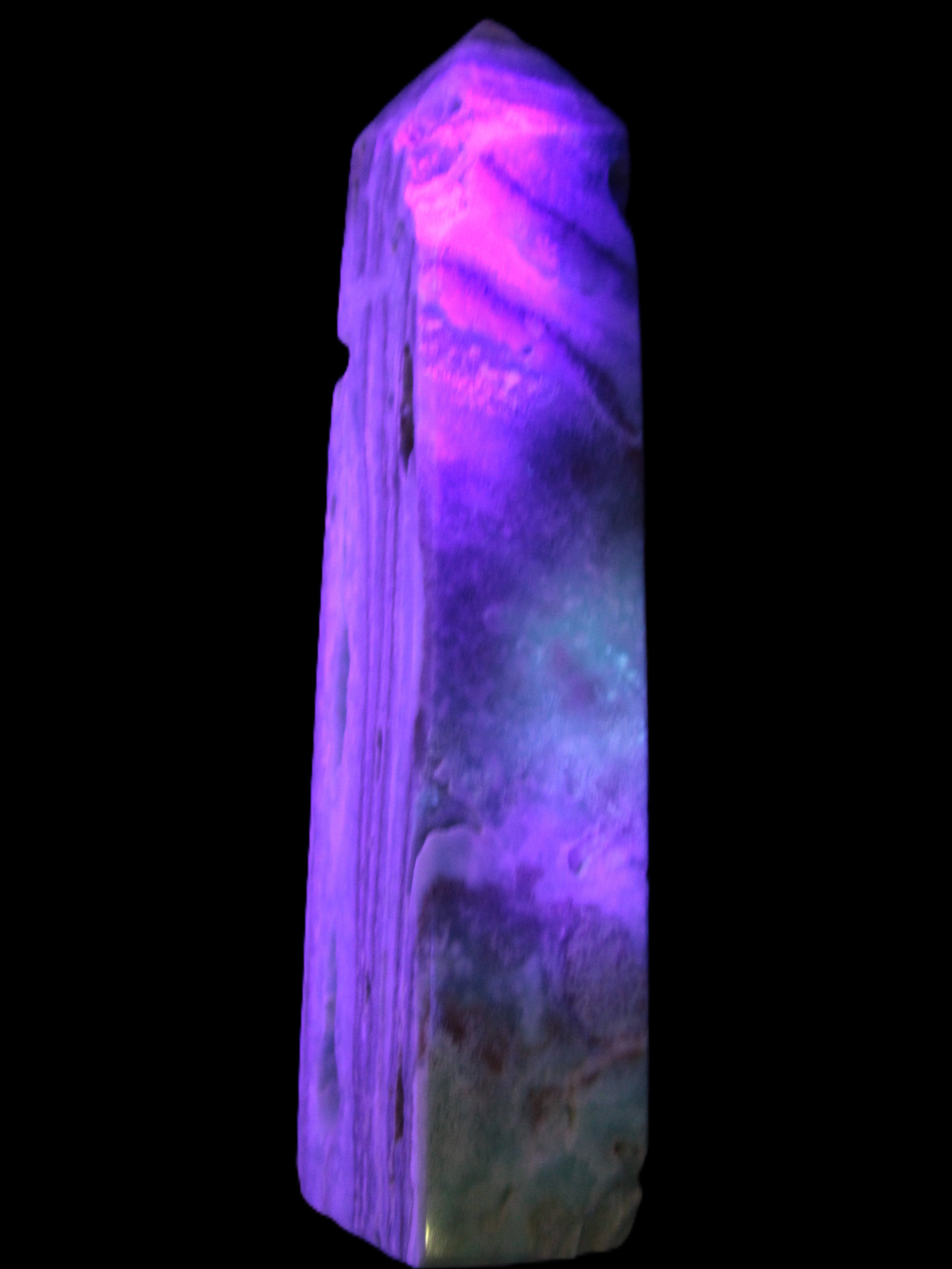 Caribbean Calcite aqua blue obelisk 170mm 539g in UV light - Rocks and Things Store
