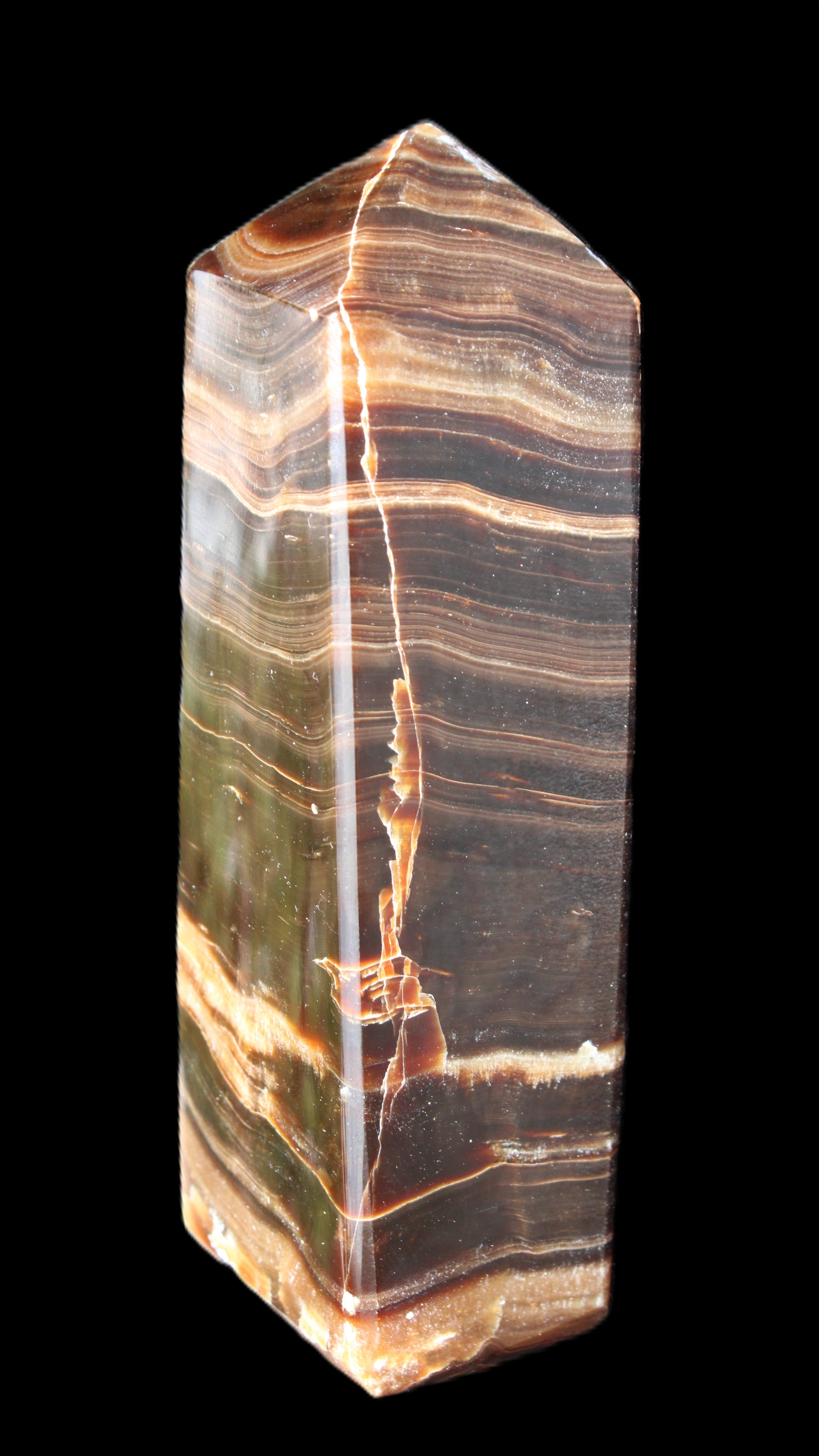 Chocolate Calcite obelisk 120*40*30mm 359g in sunlight - Rocks and Things Store