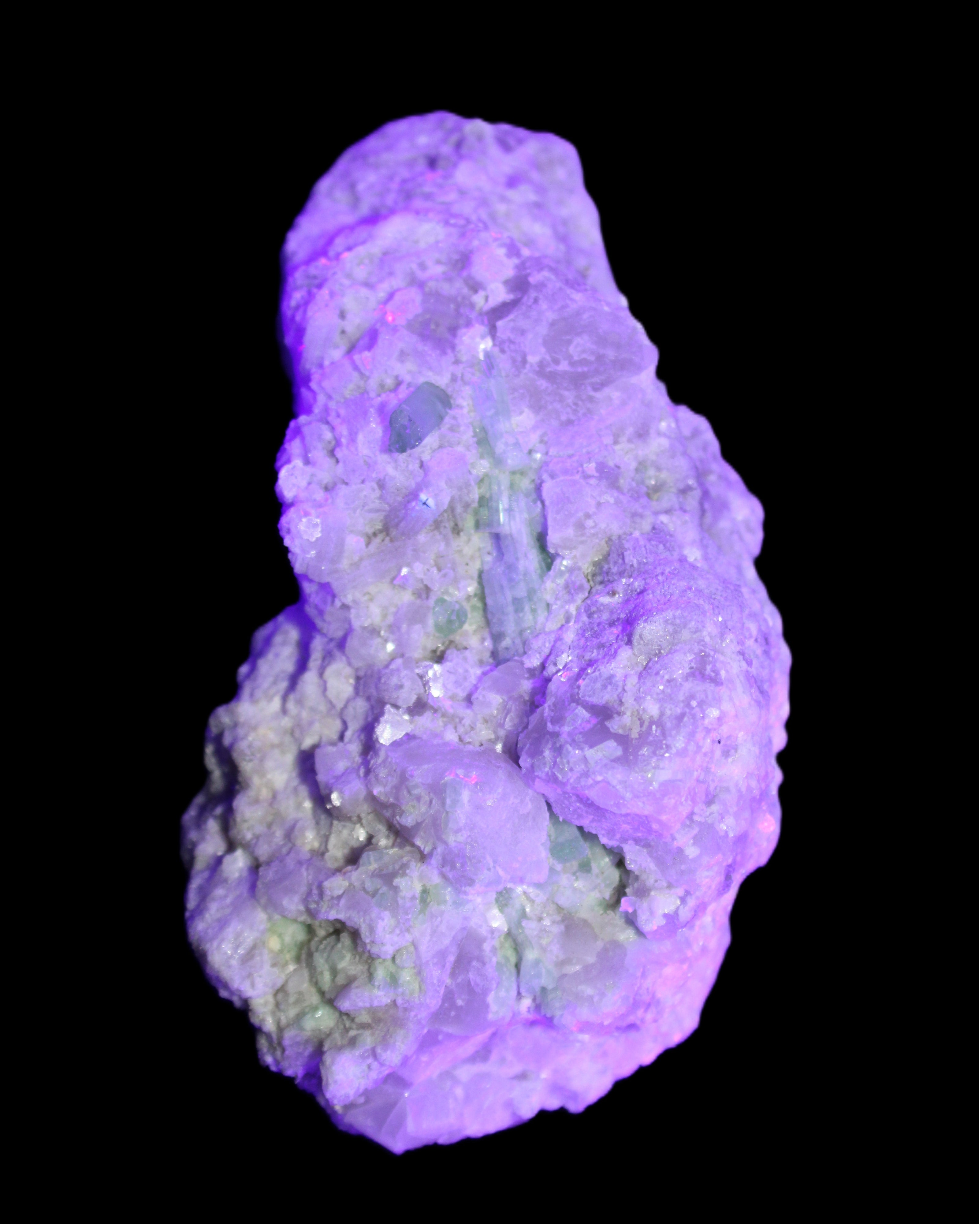Green and Pink Tourmaline, Feldspar, Lepidolite and Clear Quartz 120*65*65mm 509g in flash and UV light - Rocks and Things Store
