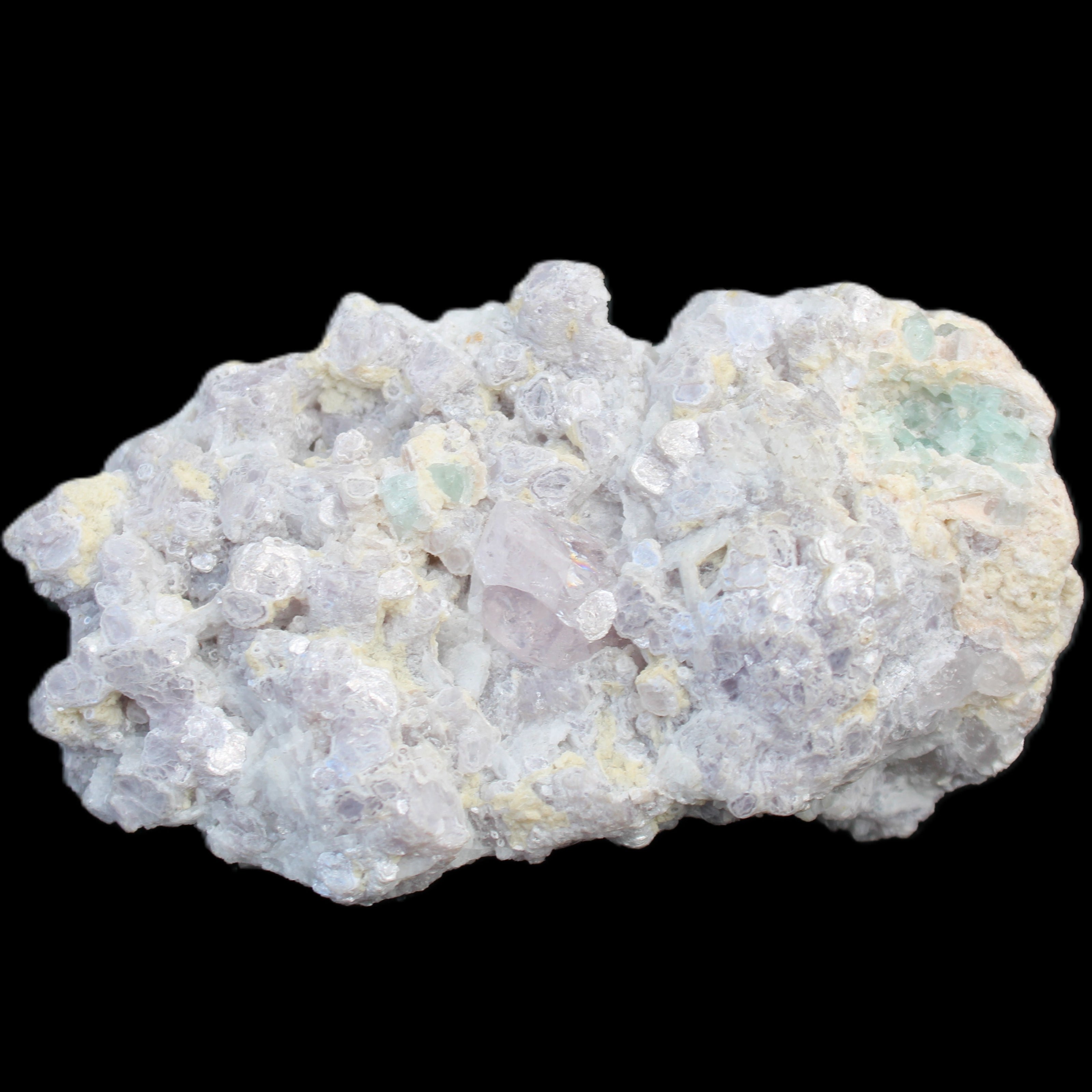 Clear Quartz, Green Tourmaline, Lepidolite and Feldspar 83*47*40mm 179g in sunlight - Rocks and Things Store