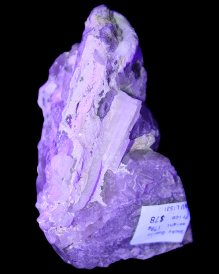 Elestial Smoky Quartz, Kunzite on Feldspar matrix 80mm 178g in flash and UV light - Rocks and Things Store