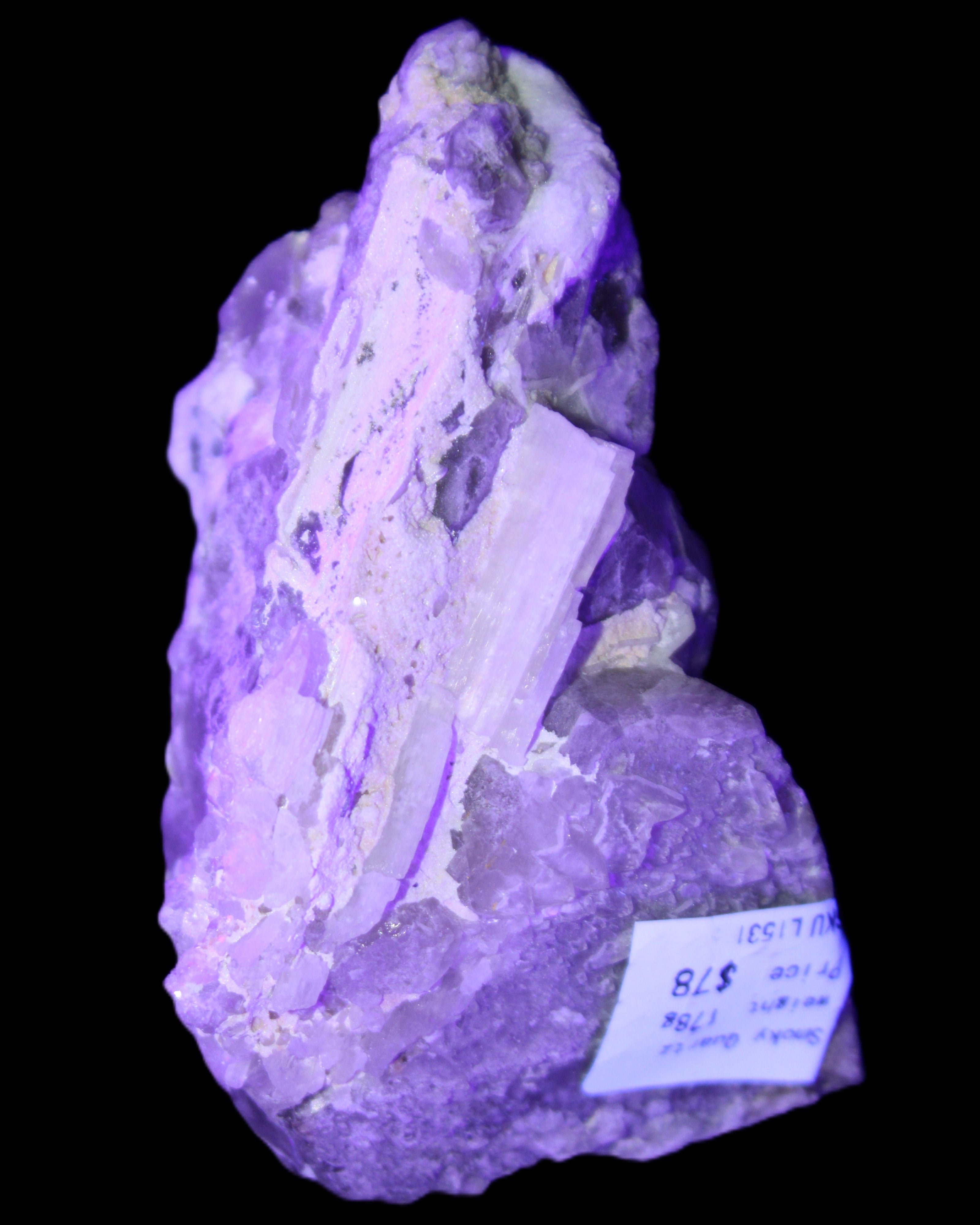 Elestial Smoky Quartz, Kunzite on Feldspar matrix 80mm 178g in flash and UV light - Rocks and Things Store