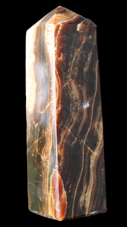 Chocolate Calcite obelisk 120*33*32mm 332g in sunlight - Rocks and Things Store