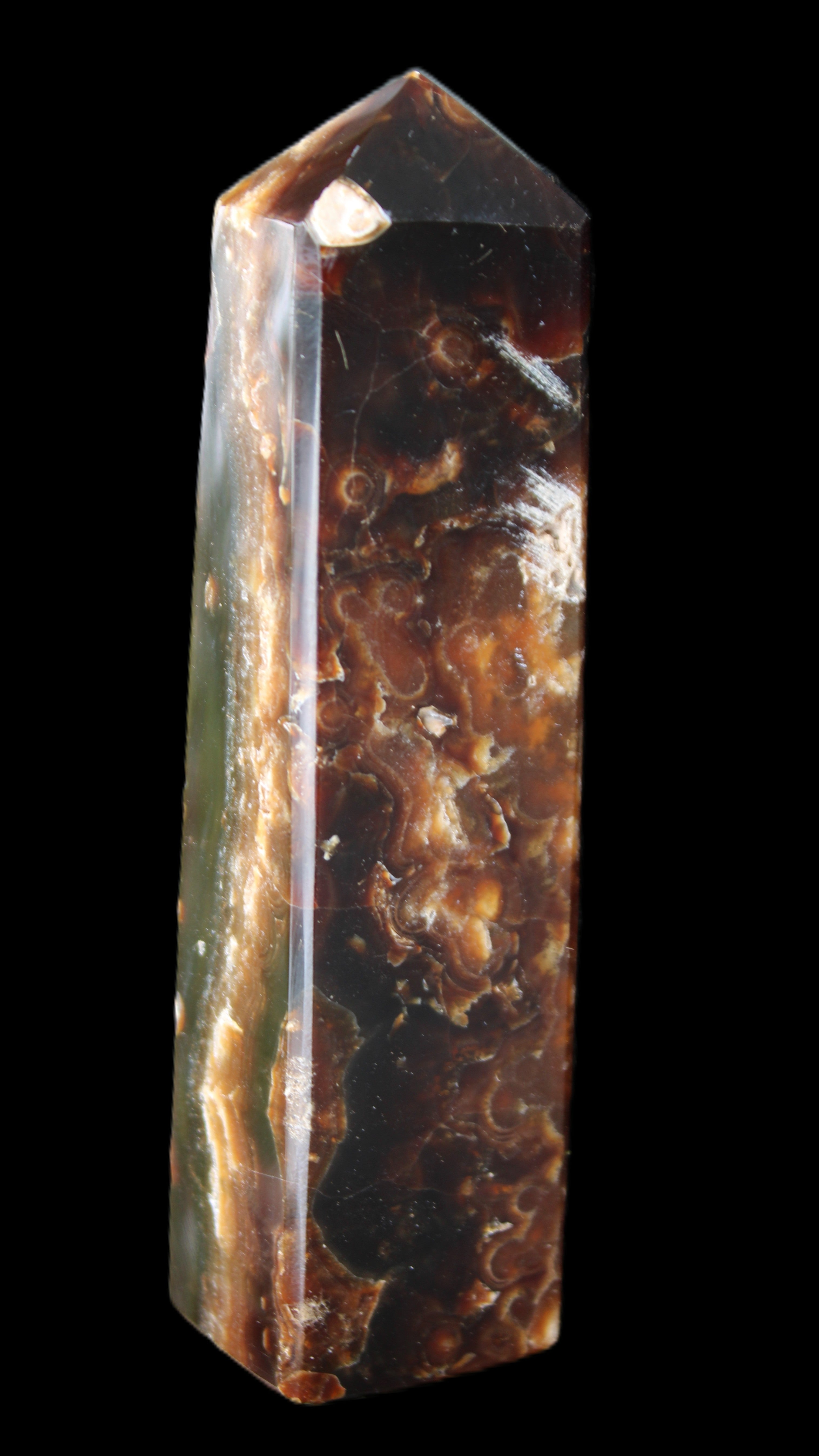 Chocolate Calcite obelisk 132*30*28mm 282g in sunlight - Rocks and Things Store