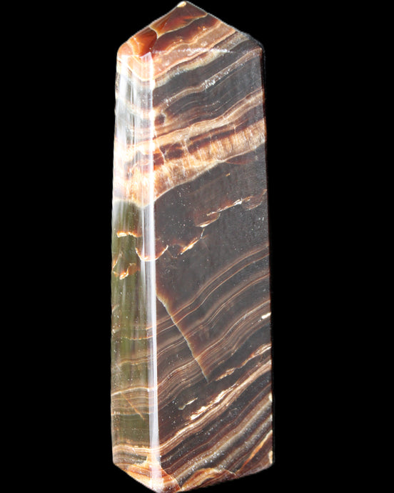 Chocolate Calcite obelisk 113*33*21mm 201g in sunlight - Rocks and Things Store