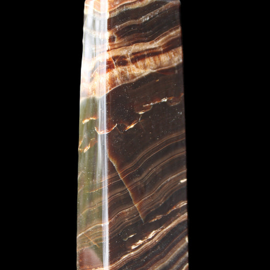Chocolate Calcite obelisk 113*33*21mm 201g in sunlight - Rocks and Things Store