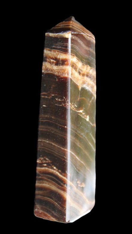 Chocolate Calcite obelisk 113*33*21mm 201g in sunlight - Rocks and Things Store