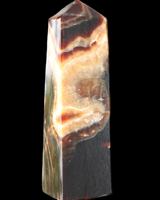 Chocolate Calcite obelisk 112*33*26mm 203g in sunlight - Rocks and Things Store
