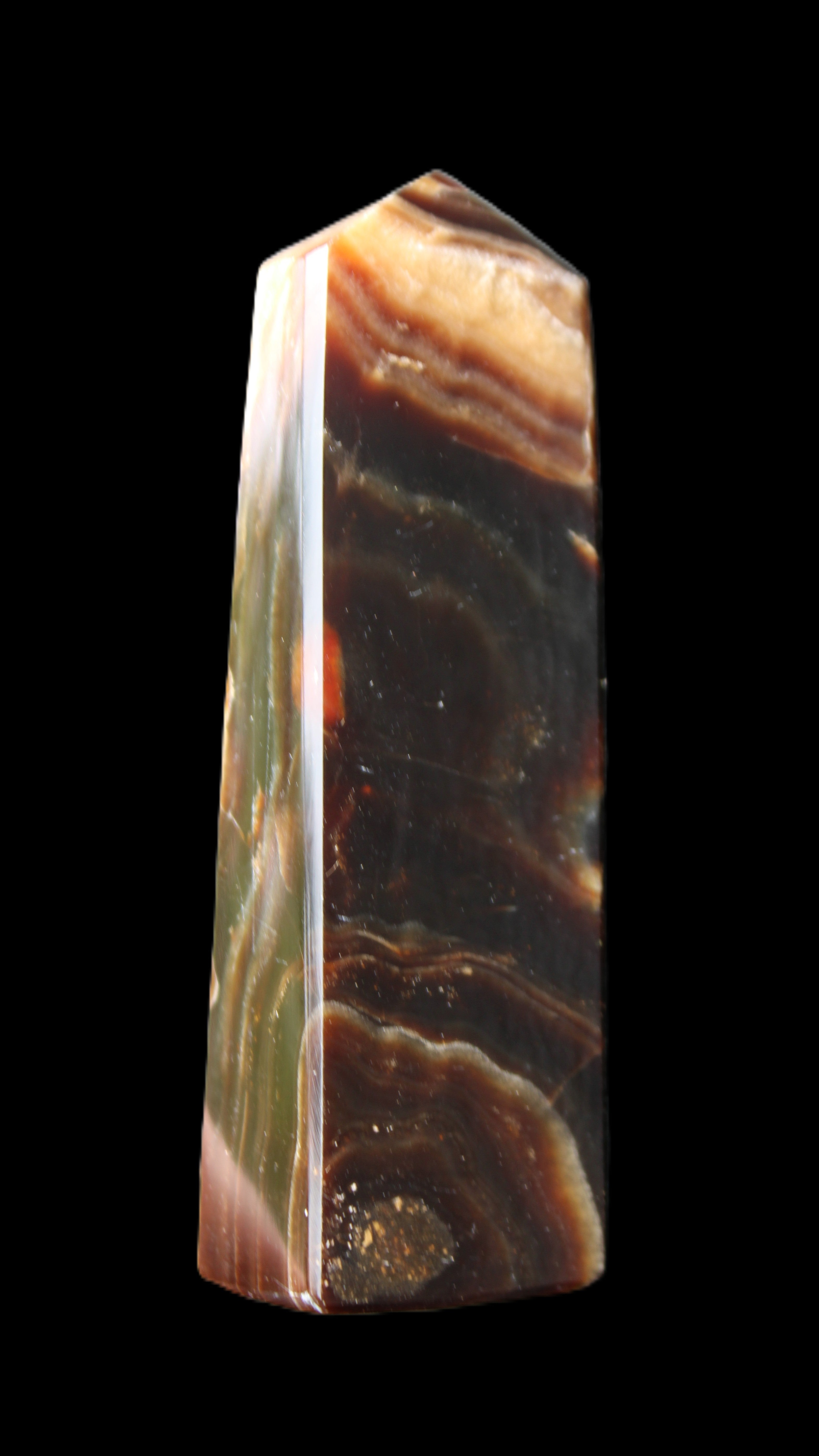 Chocolate Calcite obelisk 112*33*26mm 203g in sunlight - Rocks and Things Store