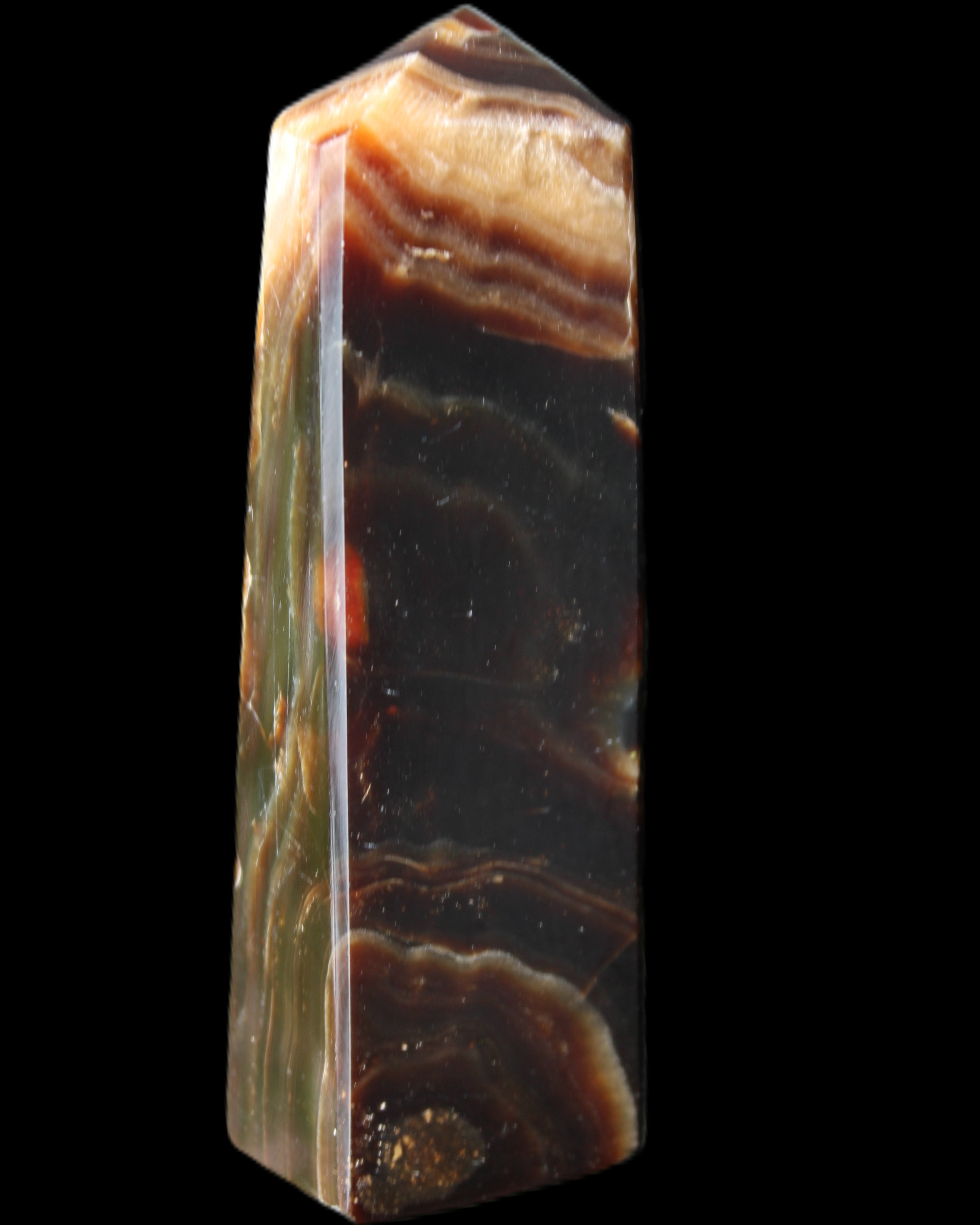 Chocolate Calcite obelisk 112*33*26mm 203g in sunlight - Rocks and Things Store
