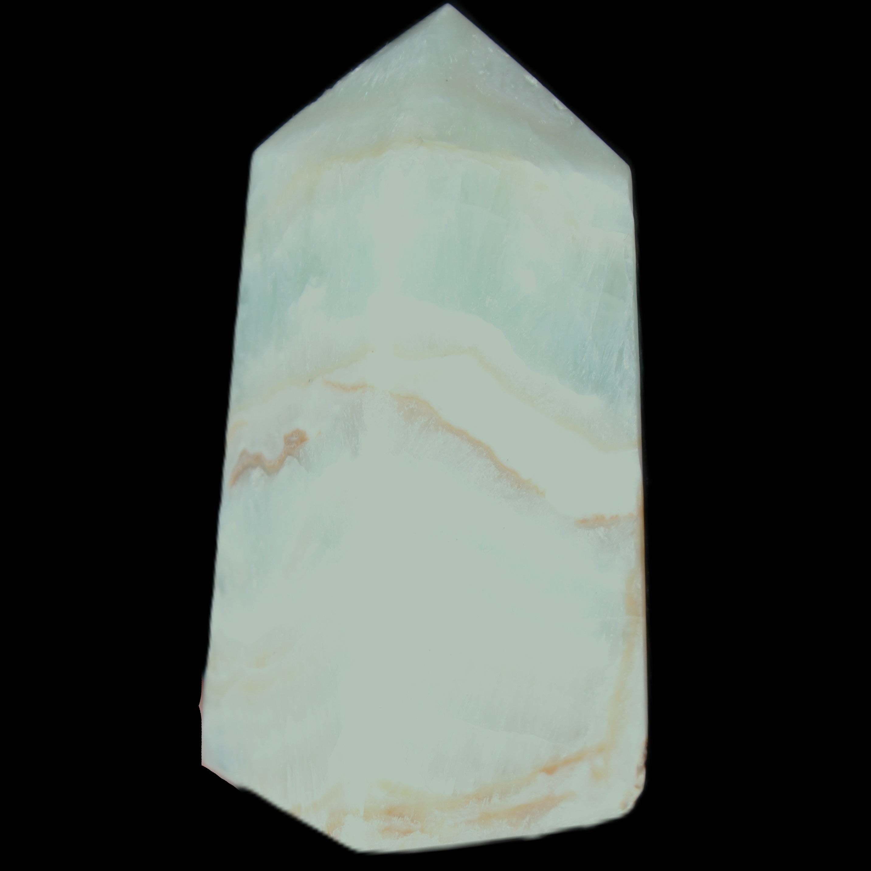 Pistachio Calcite obelisk 56*26*23mm 73g in sunlight - Rocks and Things Store