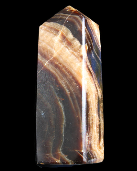 Chocolate Calcite obelisk 95*31*23mm 172g in sunlight - Rocks and Things Store