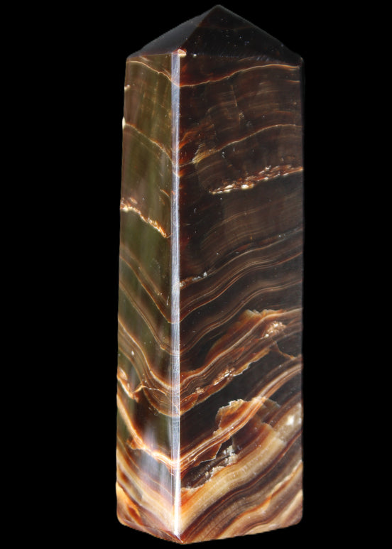 Chocolate Calcite obelisk 114*33*26mm 249g in sunlight - Rocks and Things Store
