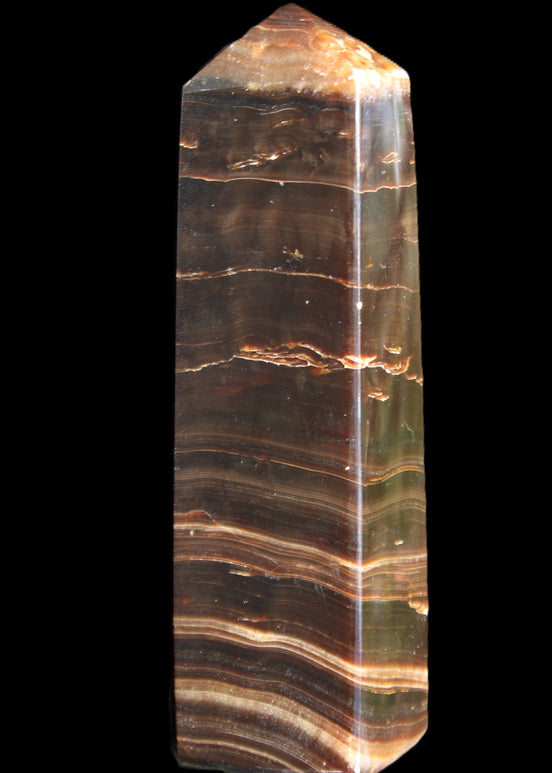 Chocolate Calcite obelisk 110*30*24mm 214g in sunlight - Rocks and Things Store