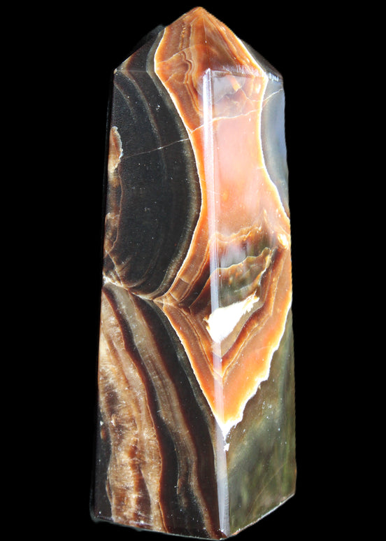 Chocolate Calcite obelisk 107*33*32mm 236g in sunlight - Rocks and Things Store