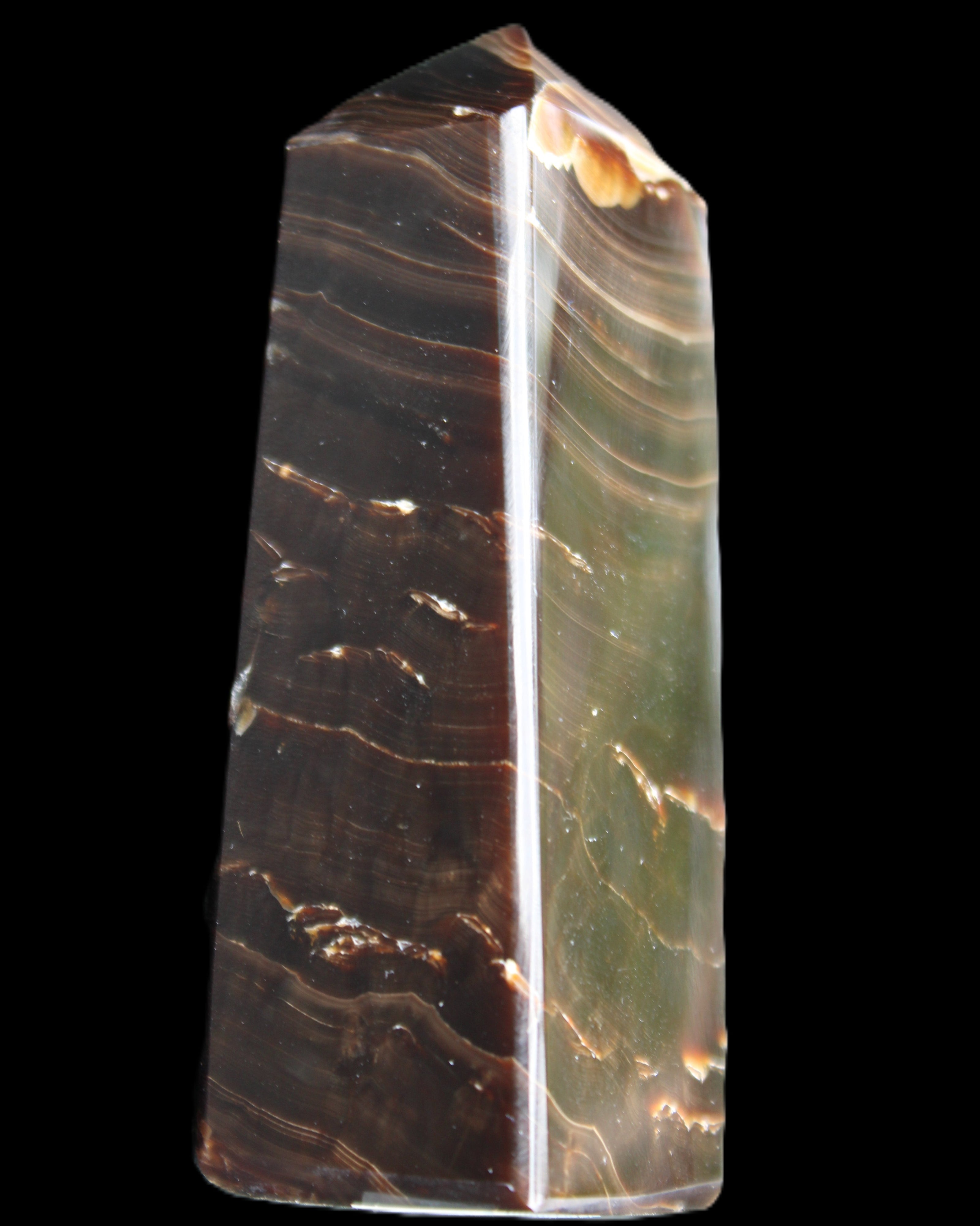 Chocolate Calcite obelisk 92*33*28mm 196g in sunlight - Rocks and Things Store