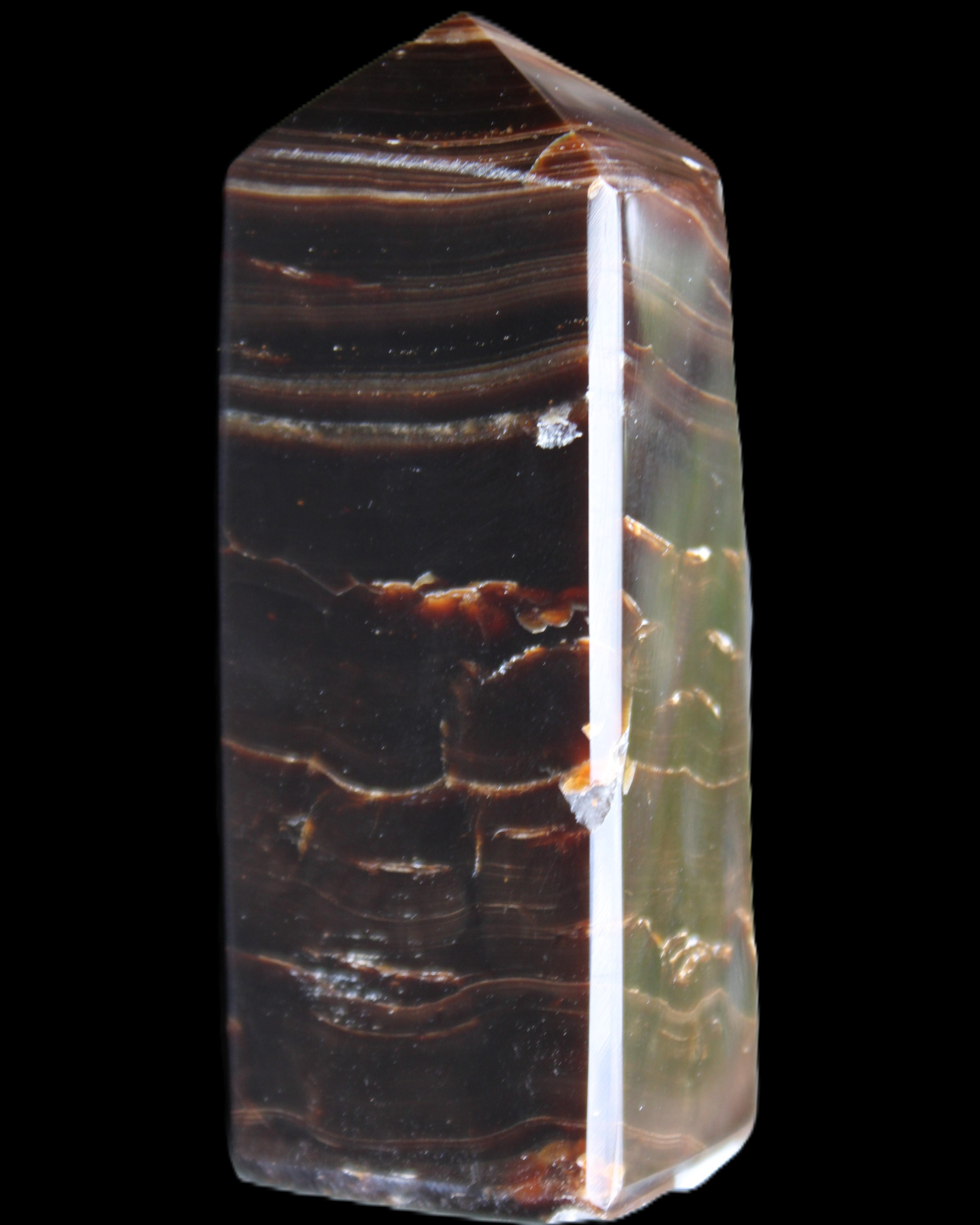 Chocolate Calcite obelisk 92*33*28mm 196g in sunlight - Rocks and Things Store