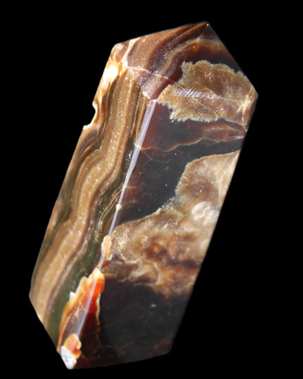 Chocolate Calcite obelisk 95*31*31mm 203g in sunlight - Rocks and Things Store