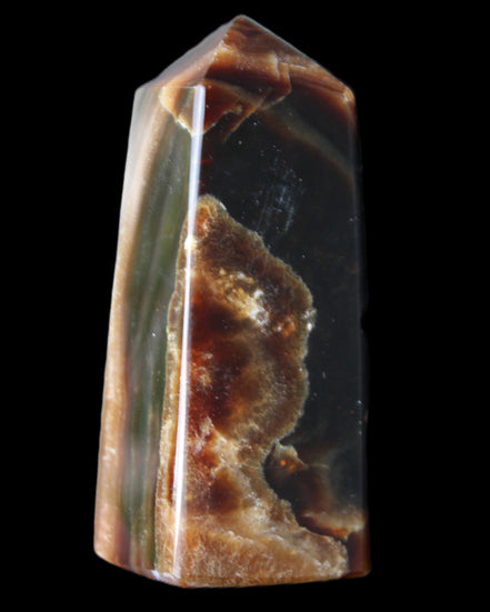 Chocolate Calcite obelisk 78*31*28mm 145g in sunlight - Rocks and Things Store