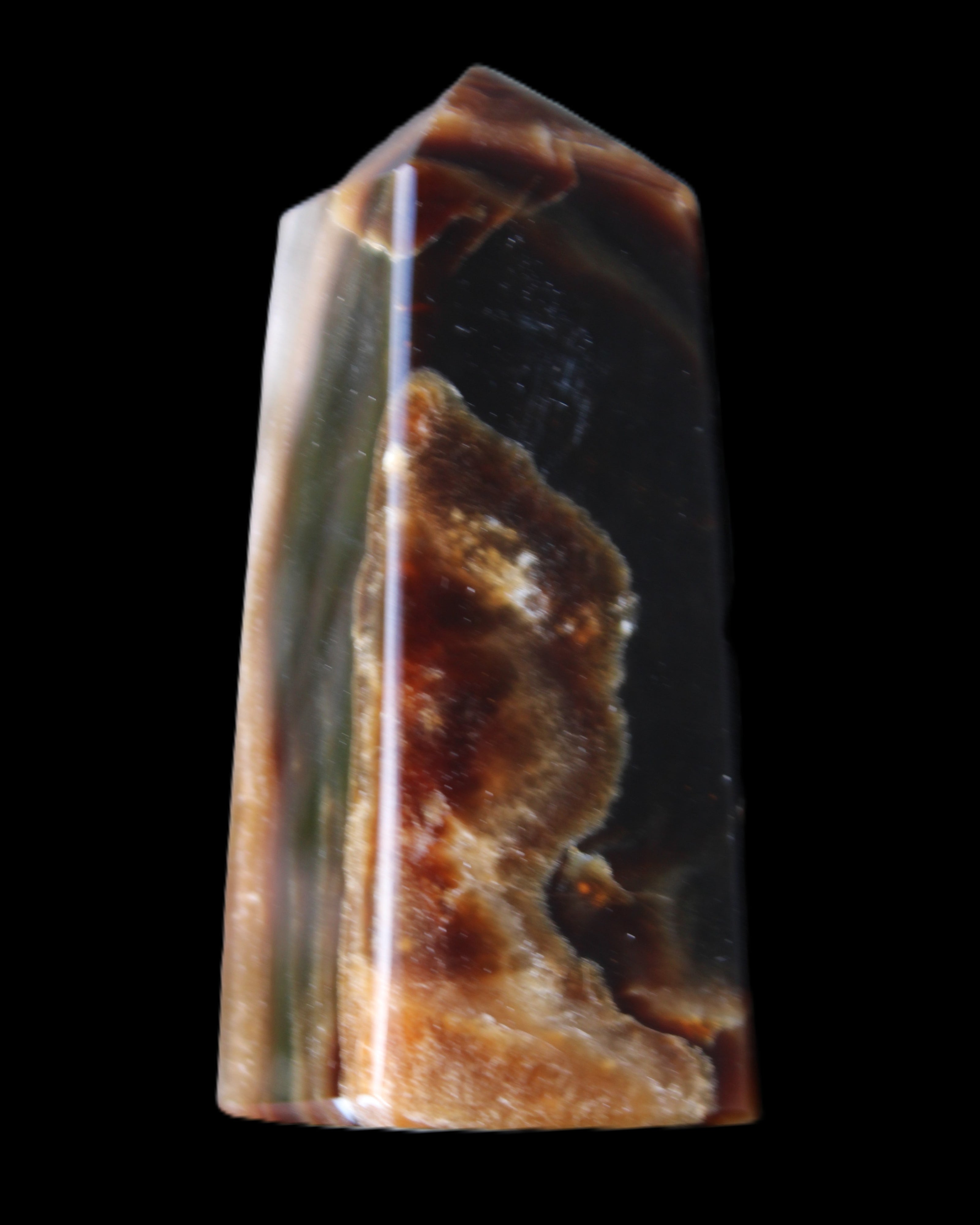 Chocolate Calcite obelisk 78*31*28mm 145g in sunlight - Rocks and Things Store