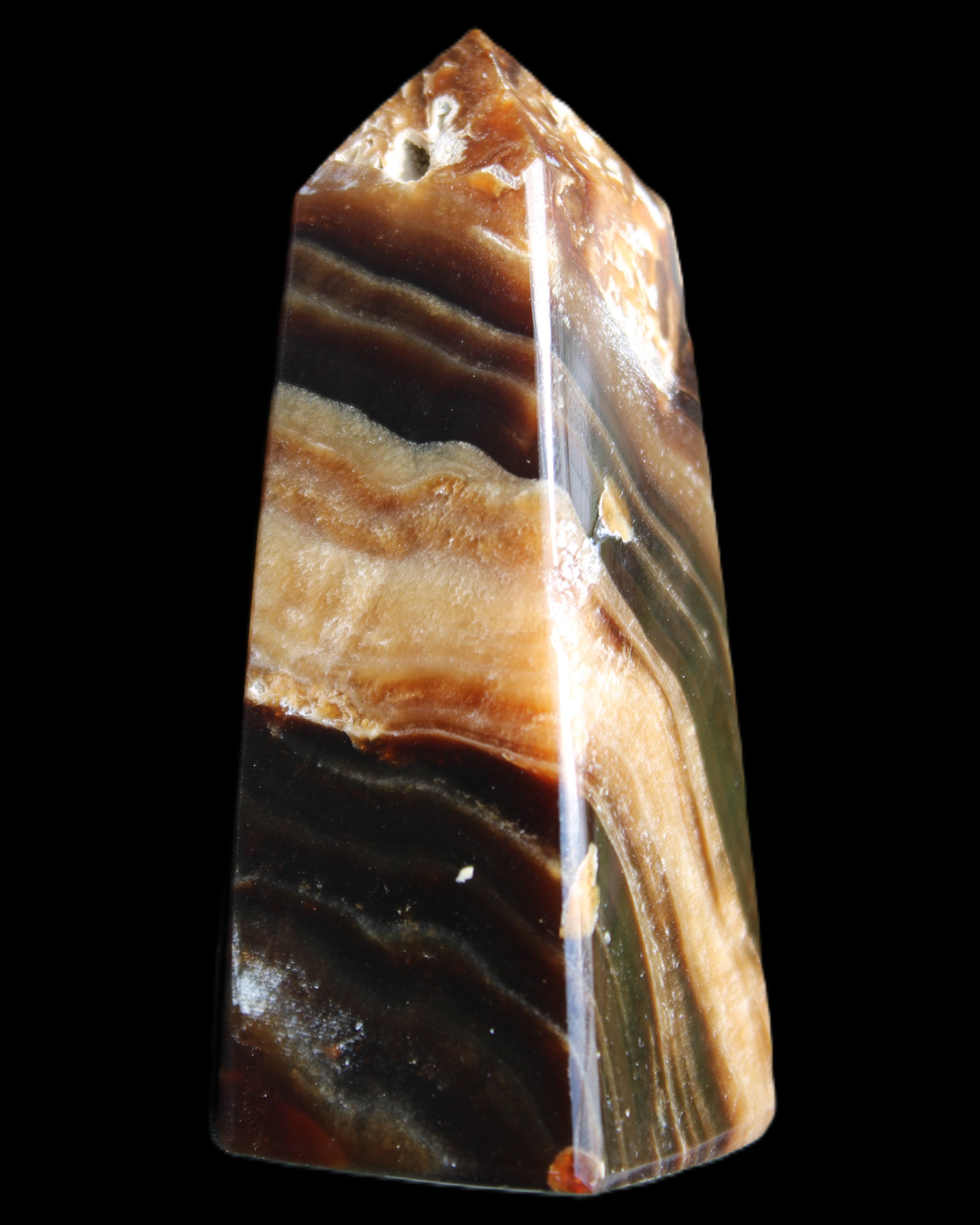 Chocolate Calcite obelisk 83*32*30mm 147.5g in sunlight - Rocks and Things Store