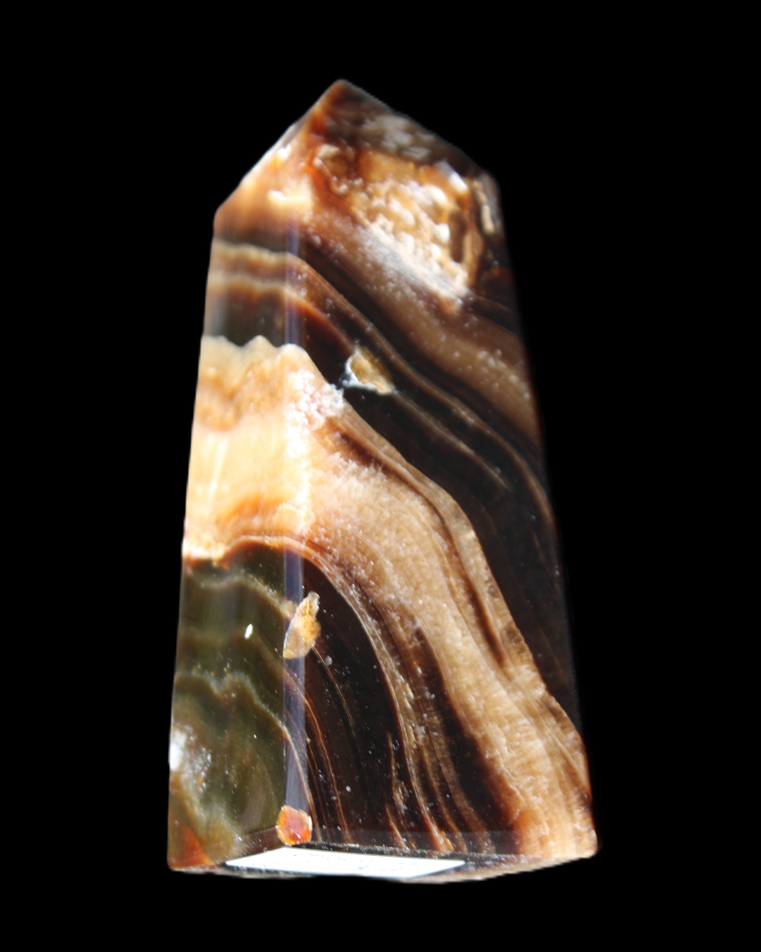 Chocolate Calcite obelisk 83*32*30mm 147.5g in sunlight - Rocks and Things Store