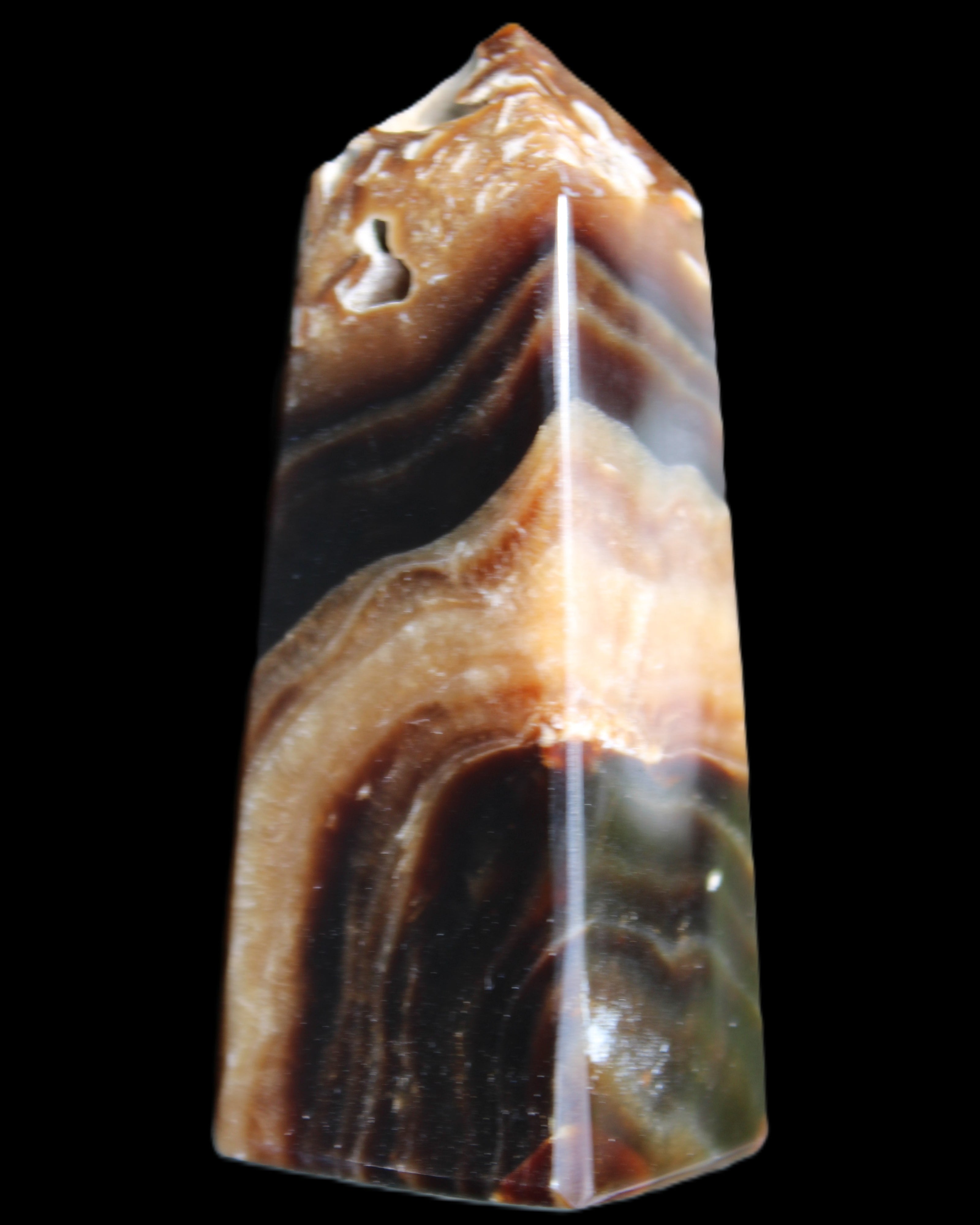 Chocolate Calcite obelisk 83*32*30mm 147.5g in sunlight - Rocks and Things Store