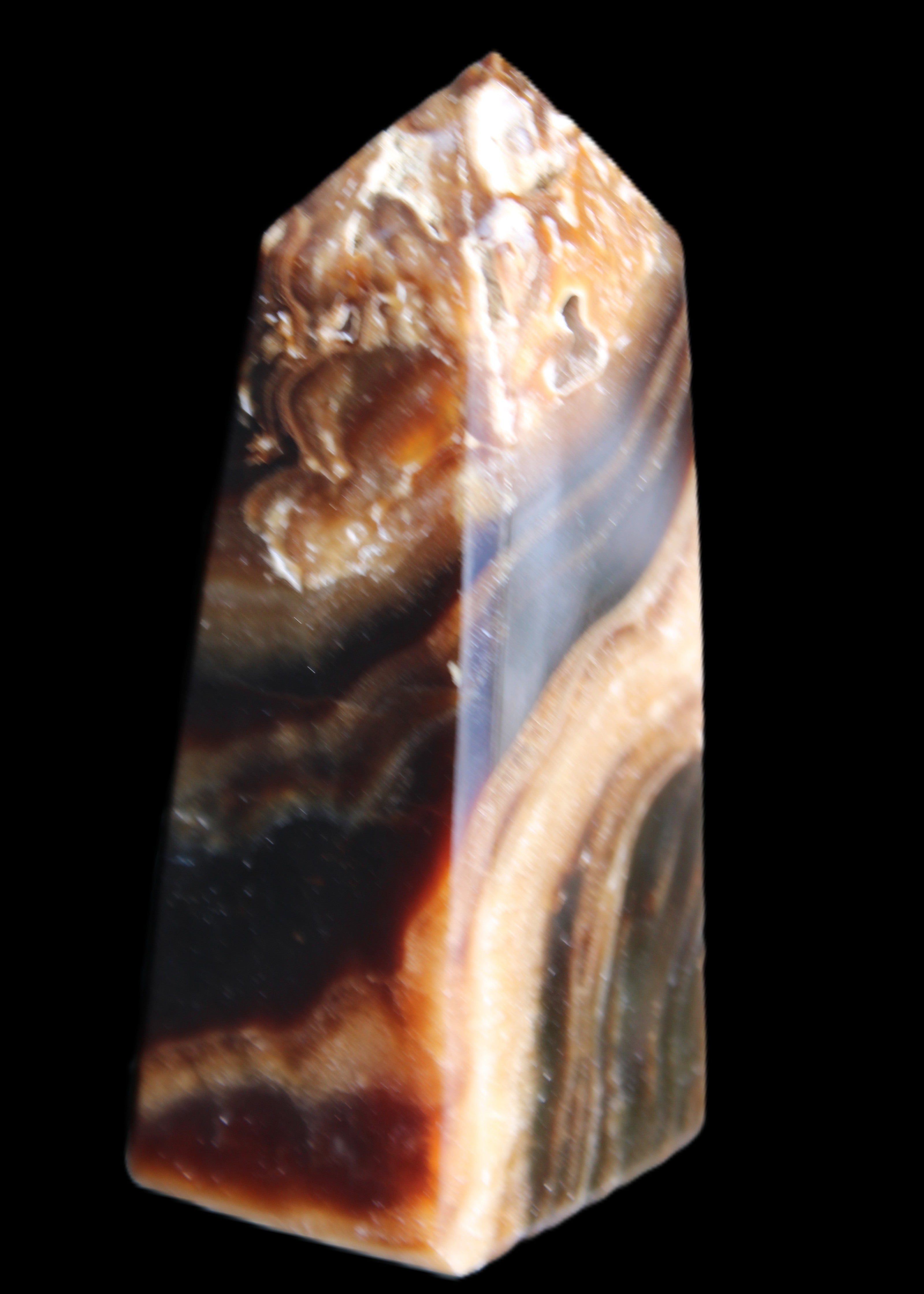 Chocolate Calcite obelisk 83*32*30mm 147.5g in sunlight - Rocks and Things Store