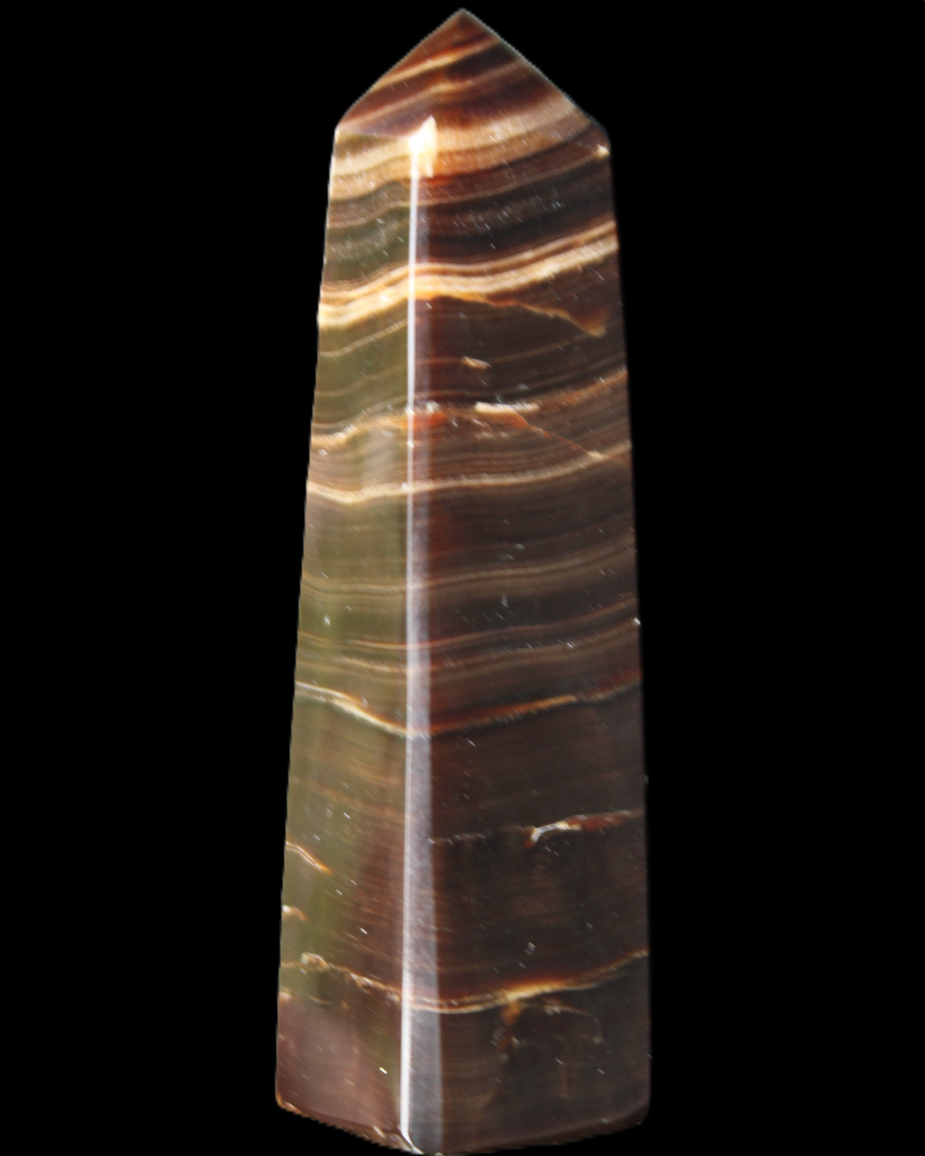 Chocolate Calcite obelisk 87*24*22mm 90.8g in sunlight - Rocks and Things Store