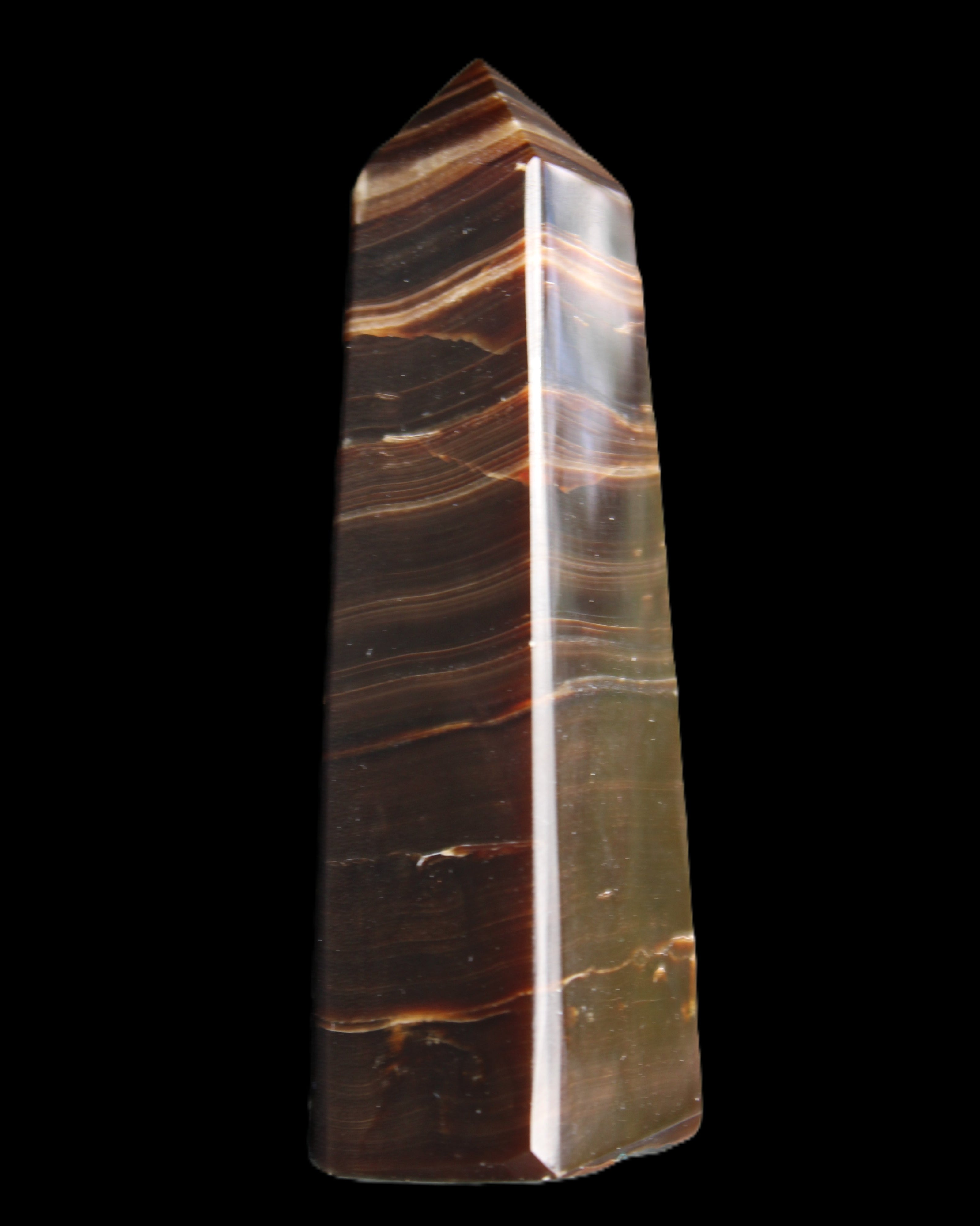 Chocolate Calcite obelisk 87*24*22mm 90.8g in sunlight - Rocks and Things Store