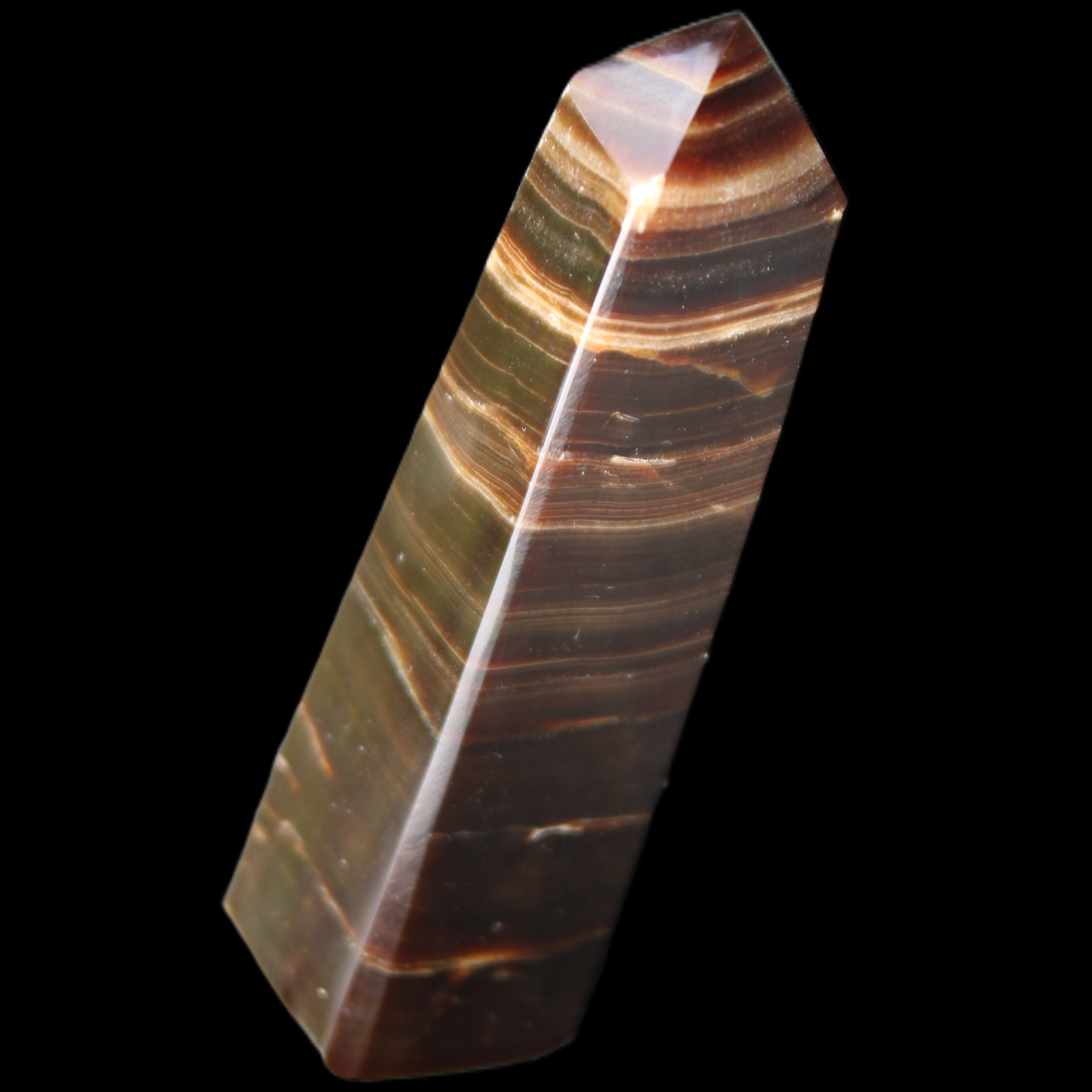 Chocolate Calcite obelisk 87*24*22mm 90.8g in sunlight - Rocks and Things Store