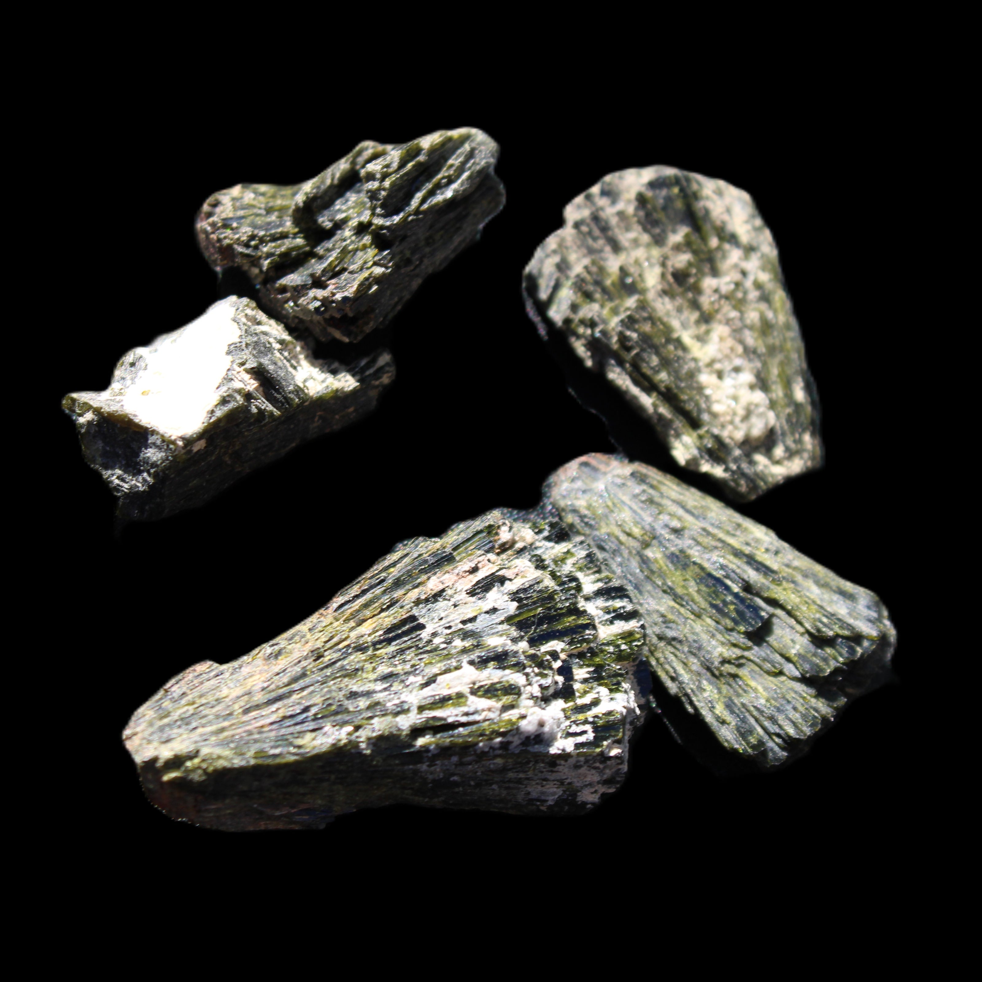 Epidote 5 floral crystal clusters 22-38mm 32.7g in sunlight - Rocks and Things Store