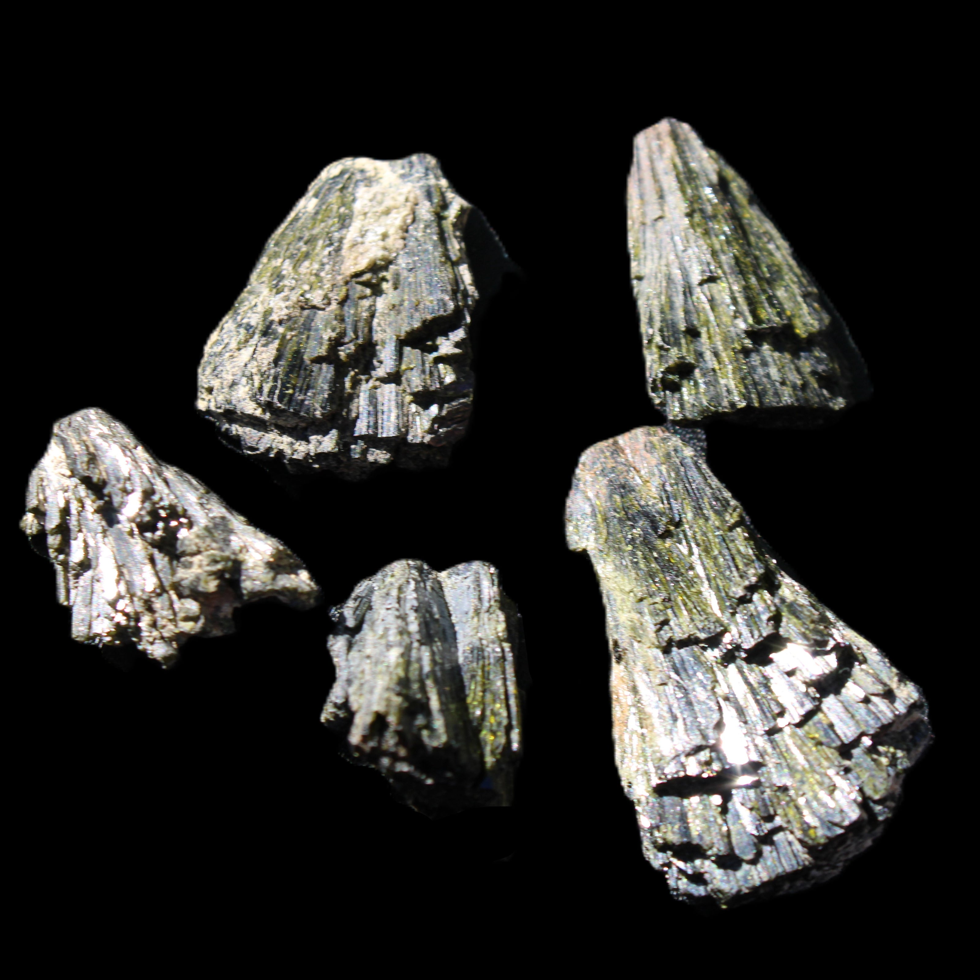 Epidote 5 floral crystal clusters 22-38mm 32.7g in sunlight - Rocks and Things Store