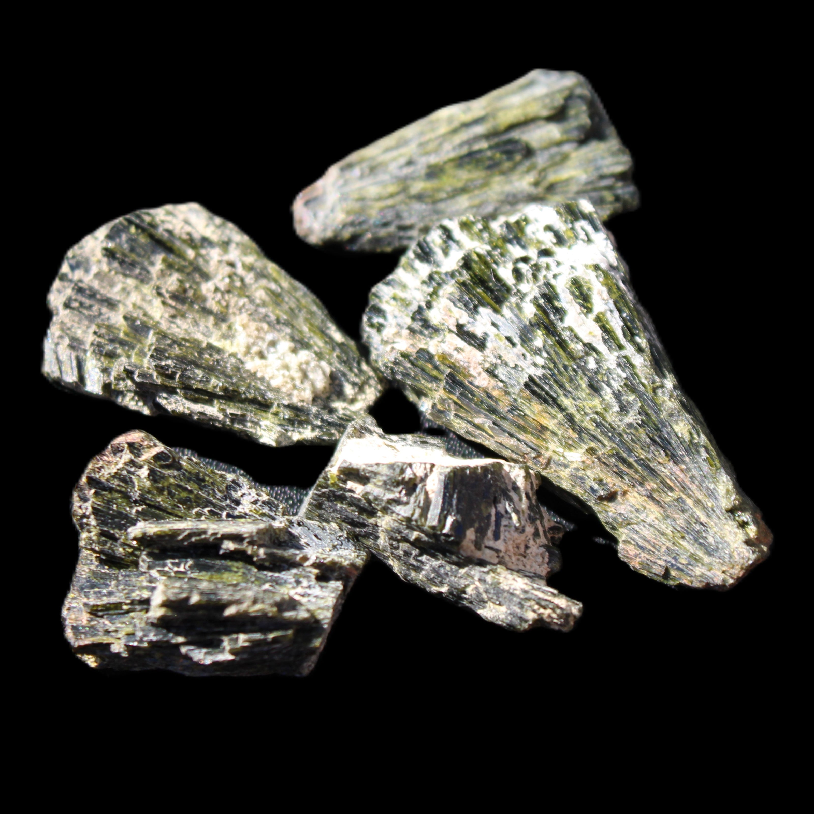 Epidote 5 floral crystal clusters 22-38mm 32.7g in sunlight - Rocks and Things Store