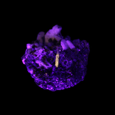 Red Zircon, Spessartine, Tourmaline on Epidote & Feldspar specimen 28*25*28mm 21g in UV light - Rocks and Things Store