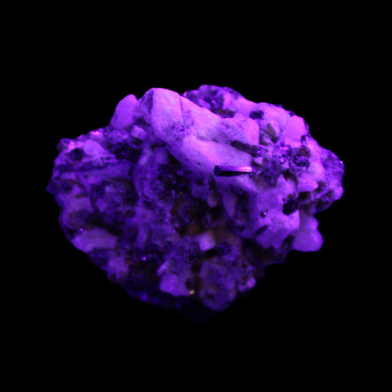 Red Zircon, Spessartine, Tourmaline on Epidote & Feldspar specimen 28*25*28mm 21g in UV light - Rocks and Things Store