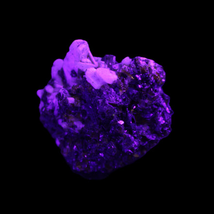 Red Zircon, Spessartine, Tourmaline on Epidote & Feldspar specimen 28*25*28mm 21g in UV light - Rocks and Things Store