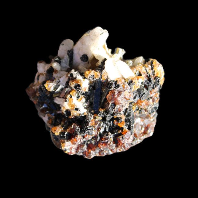 Red Zircon, Spessartine, Tourmaline on Epidote & Feldspar specimen 28*25*28mm 21g in sunlight - Rocks and Things Store