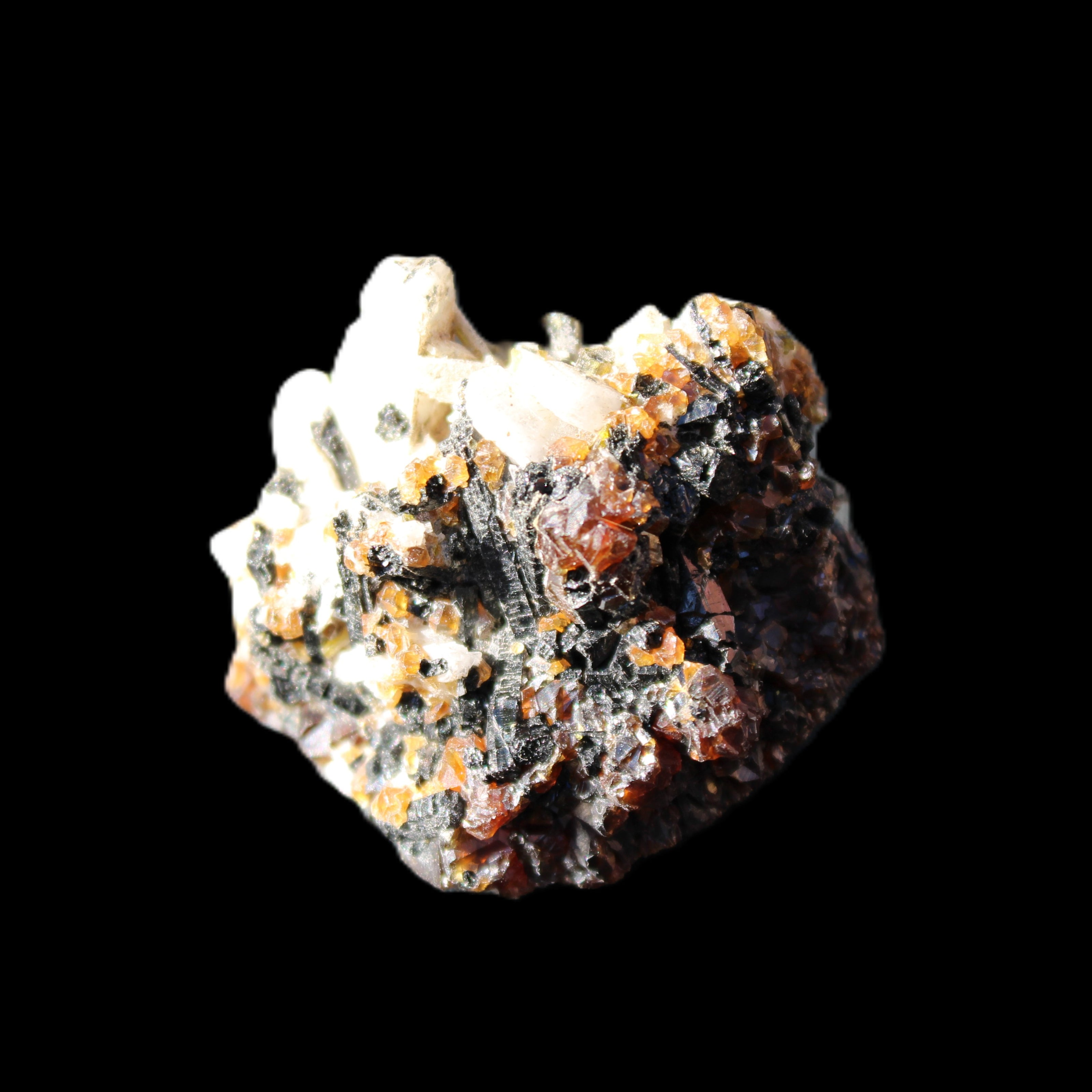 Red Zircon, Spessartine, Tourmaline on Epidote & Feldspar specimen 28*25*28mm 21g in sunlight - Rocks and Things Store