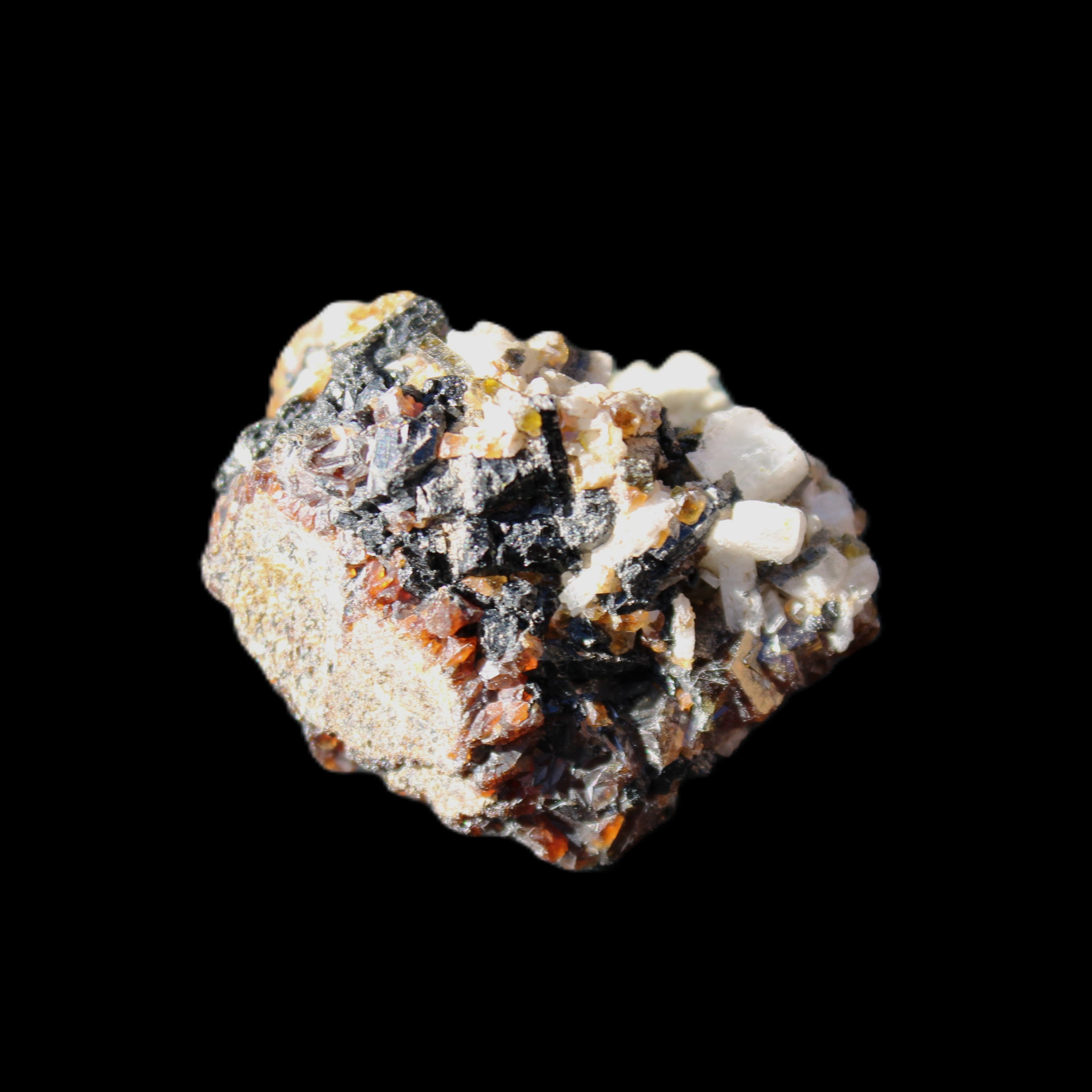 Red Zircon, Spessartine, Tourmaline on Epidote & Feldspar specimen 28*25*28mm 21g in sunlight - Rocks and Things Store