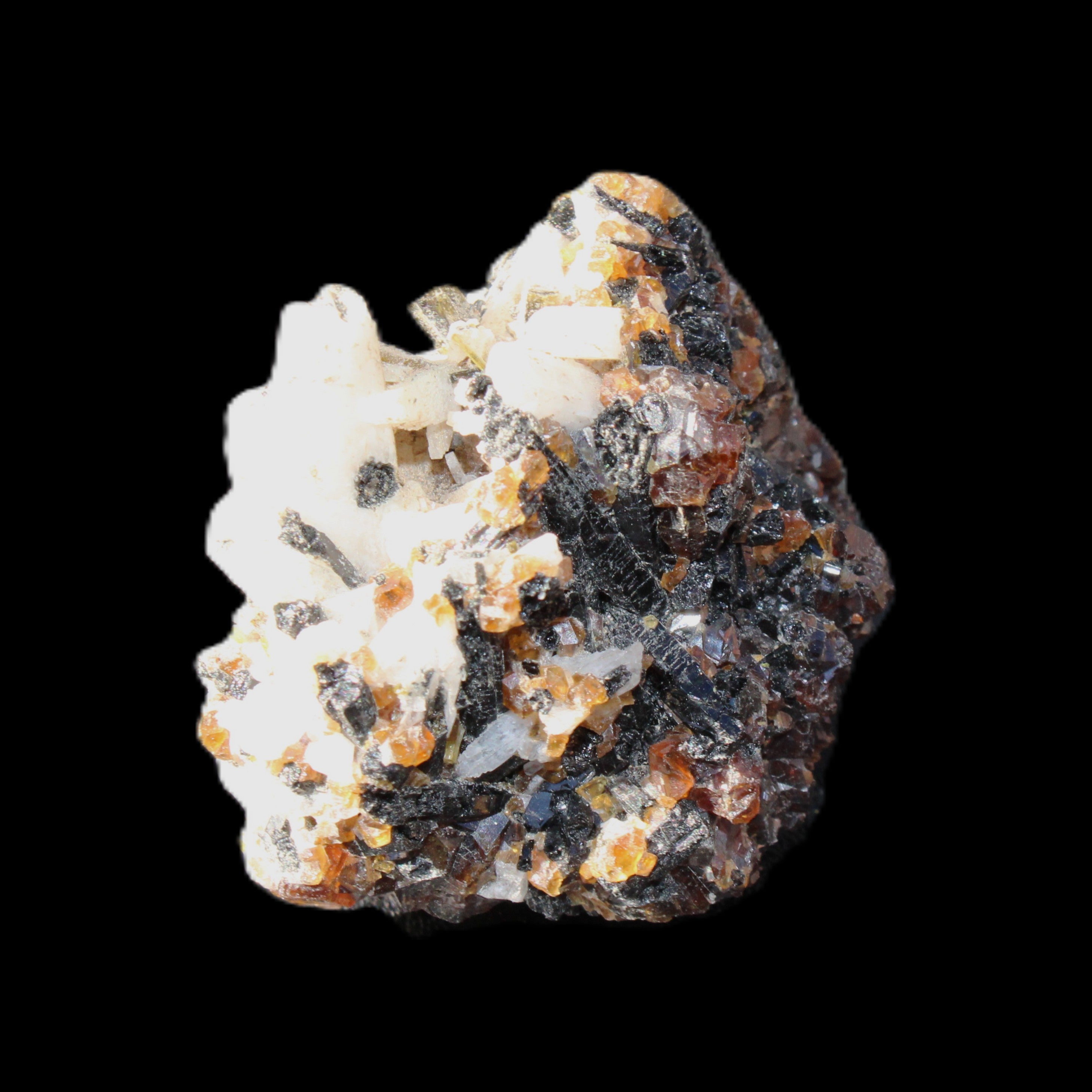 Red Zircon, Spessartine, Tourmaline on Epidote & Feldspar specimen 28*25*28mm 21g in sunlight - Rocks and Things Store