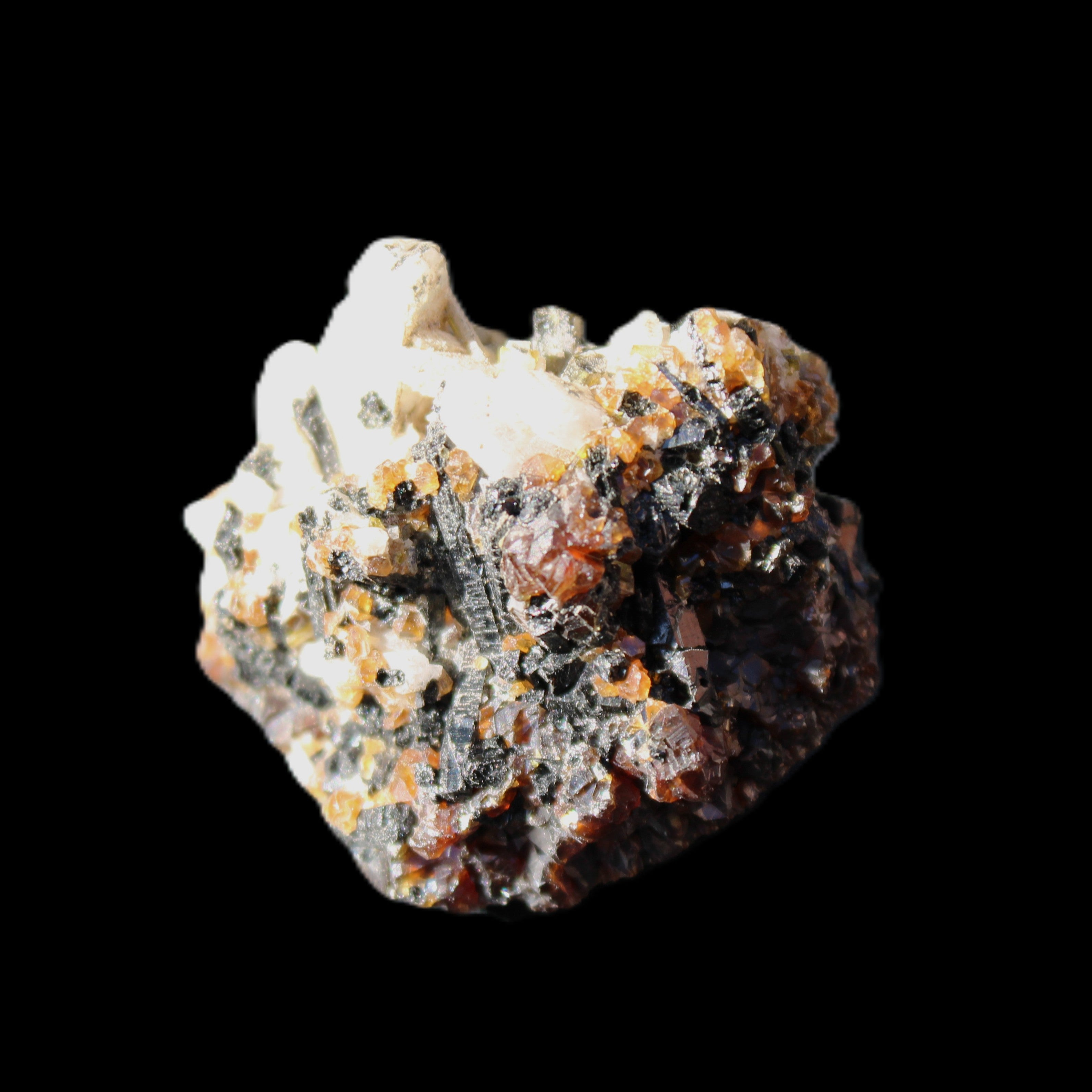 Red Zircon, Spessartine, Tourmaline on Epidote & Feldspar specimen 28*25*28mm 21g in sunlight - Rocks and Things Store