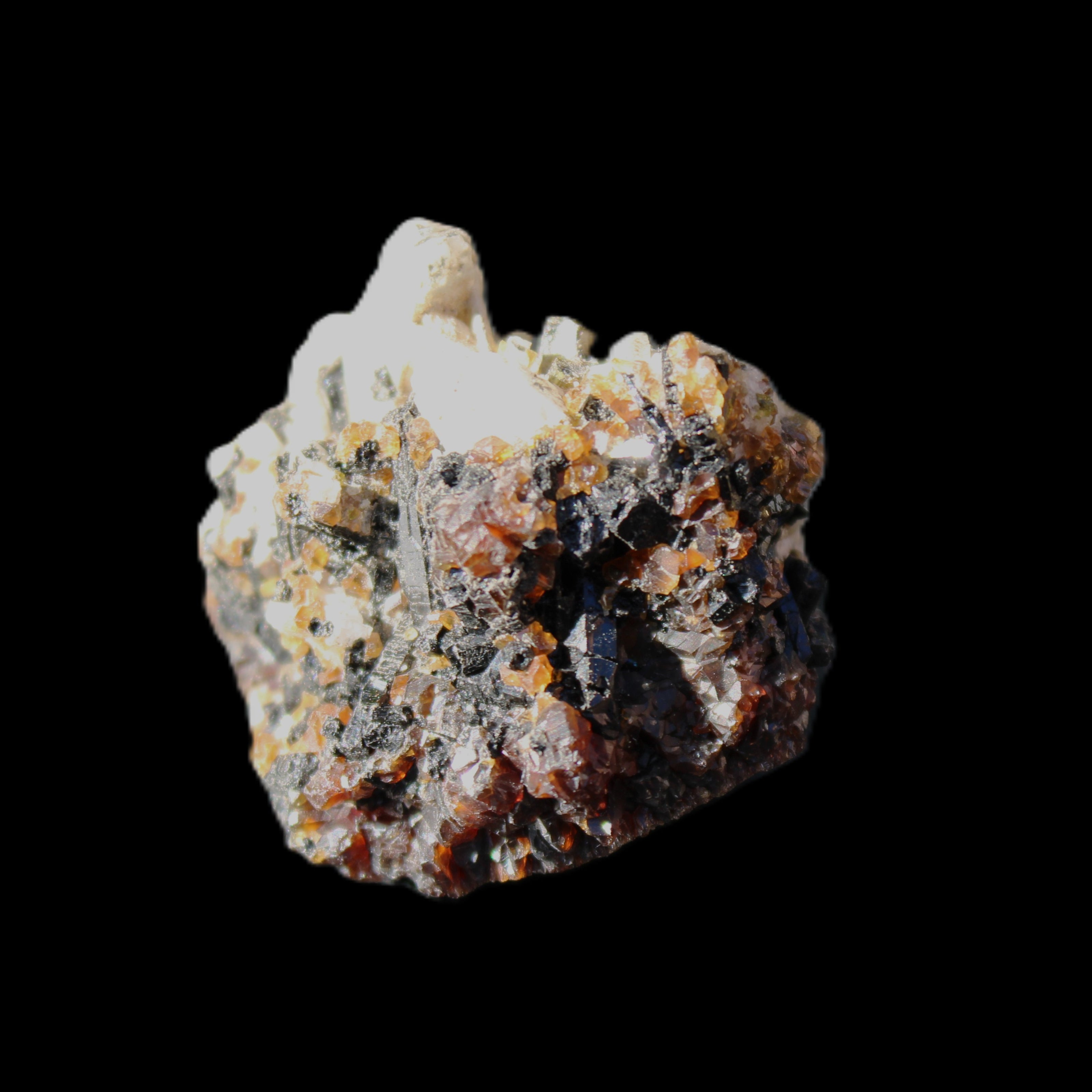 Red Zircon, Spessartine, Tourmaline on Epidote & Feldspar specimen 28*25*28mm 21g in sunlight - Rocks and Things Store