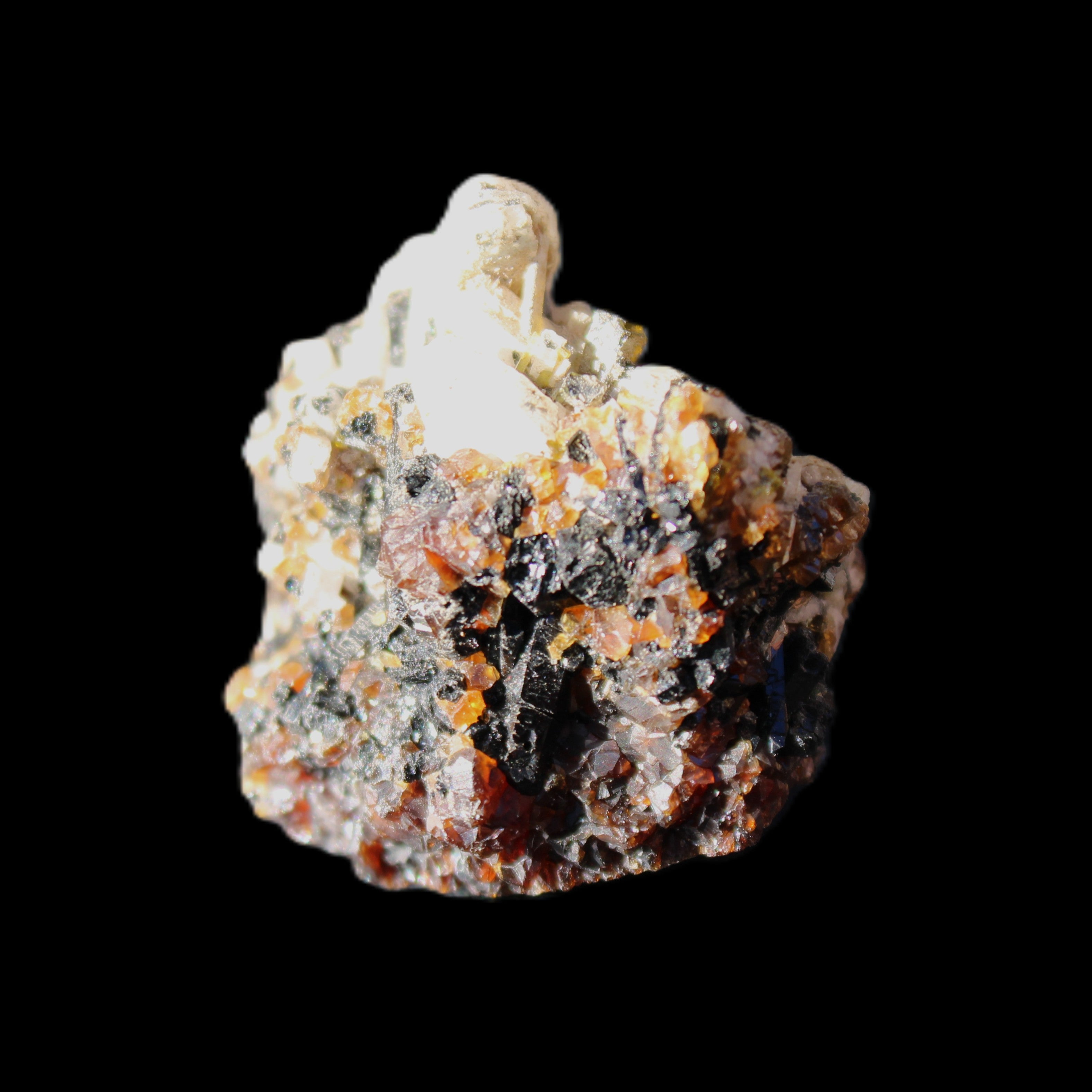 Red Zircon, Spessartine, Tourmaline on Epidote & Feldspar specimen 28*25*28mm 21g in sunlight - Rocks and Things Store